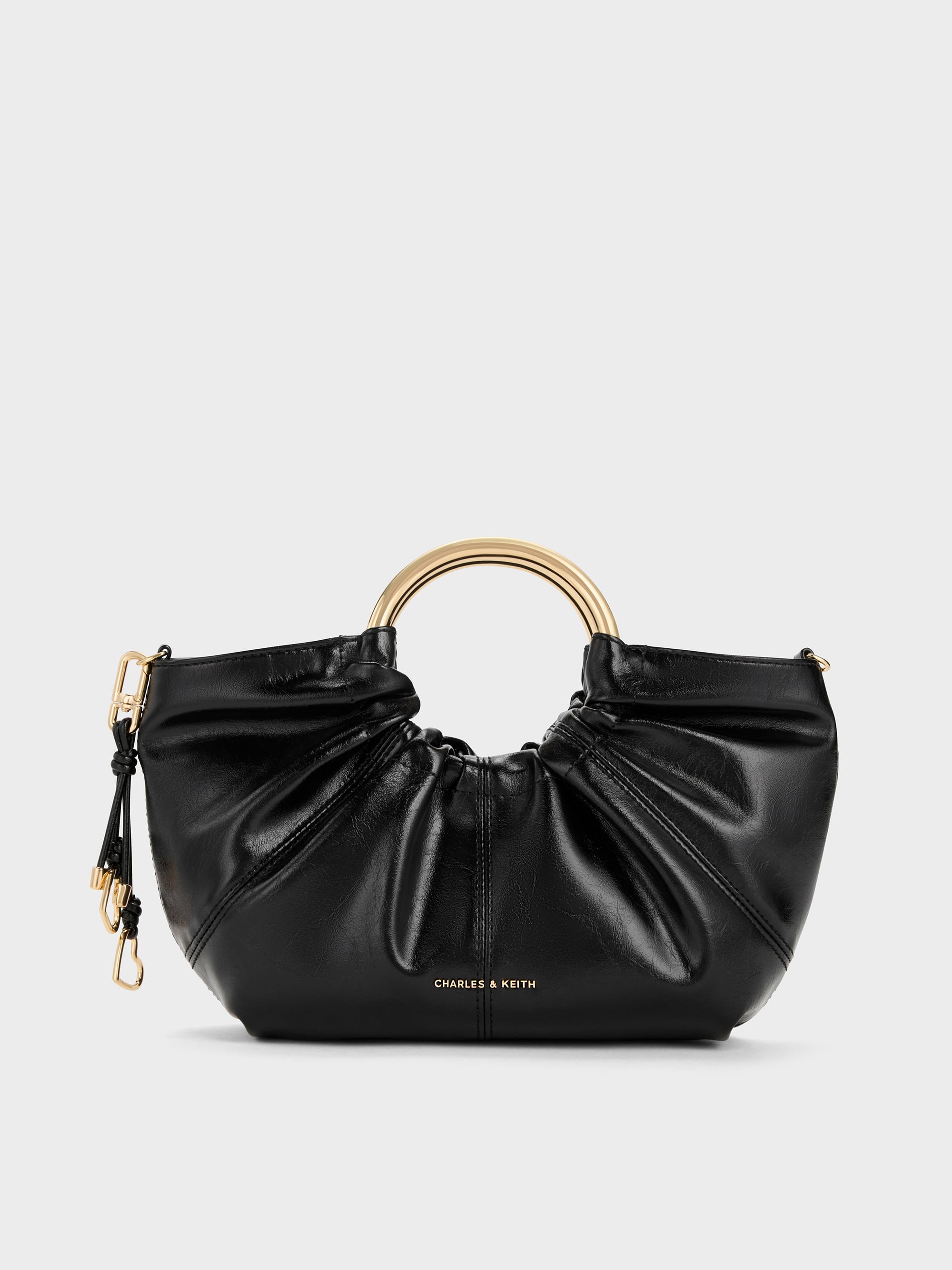Ciara Ruched Metal Top Handle Bag - Black - CHARLES & KEITH SG