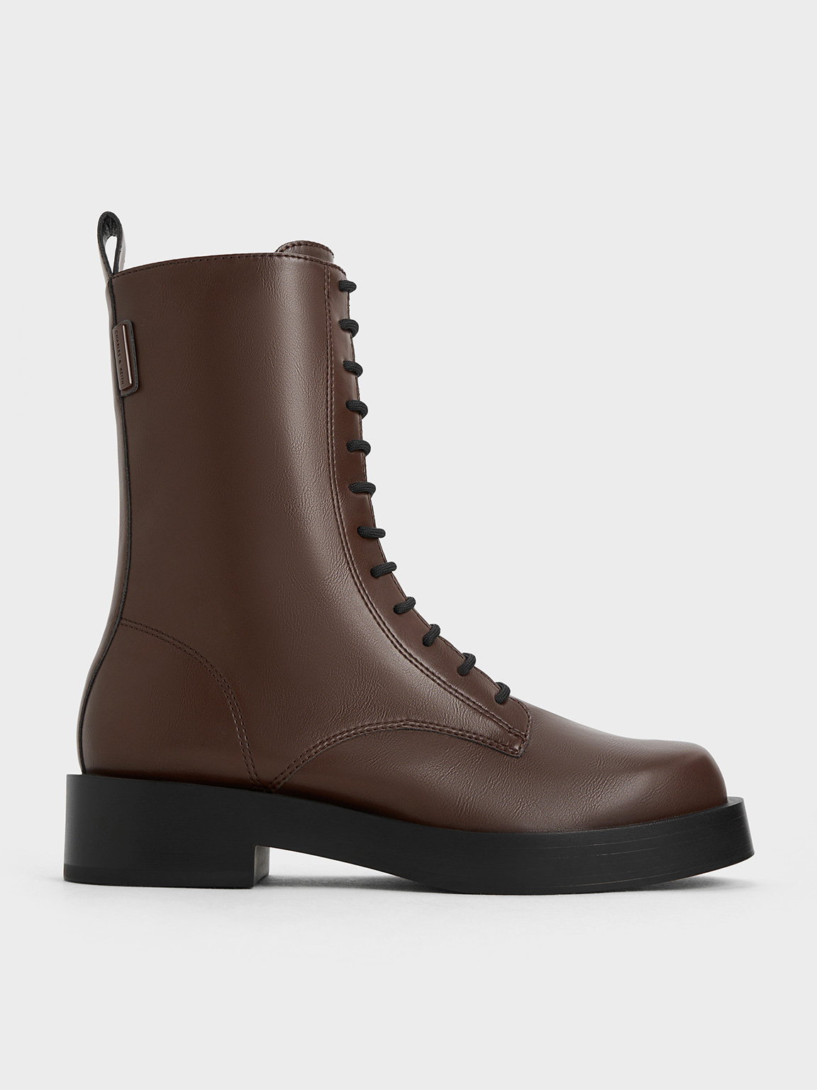 Charles & Keith Lace-up Calf Boots In Dark Brown