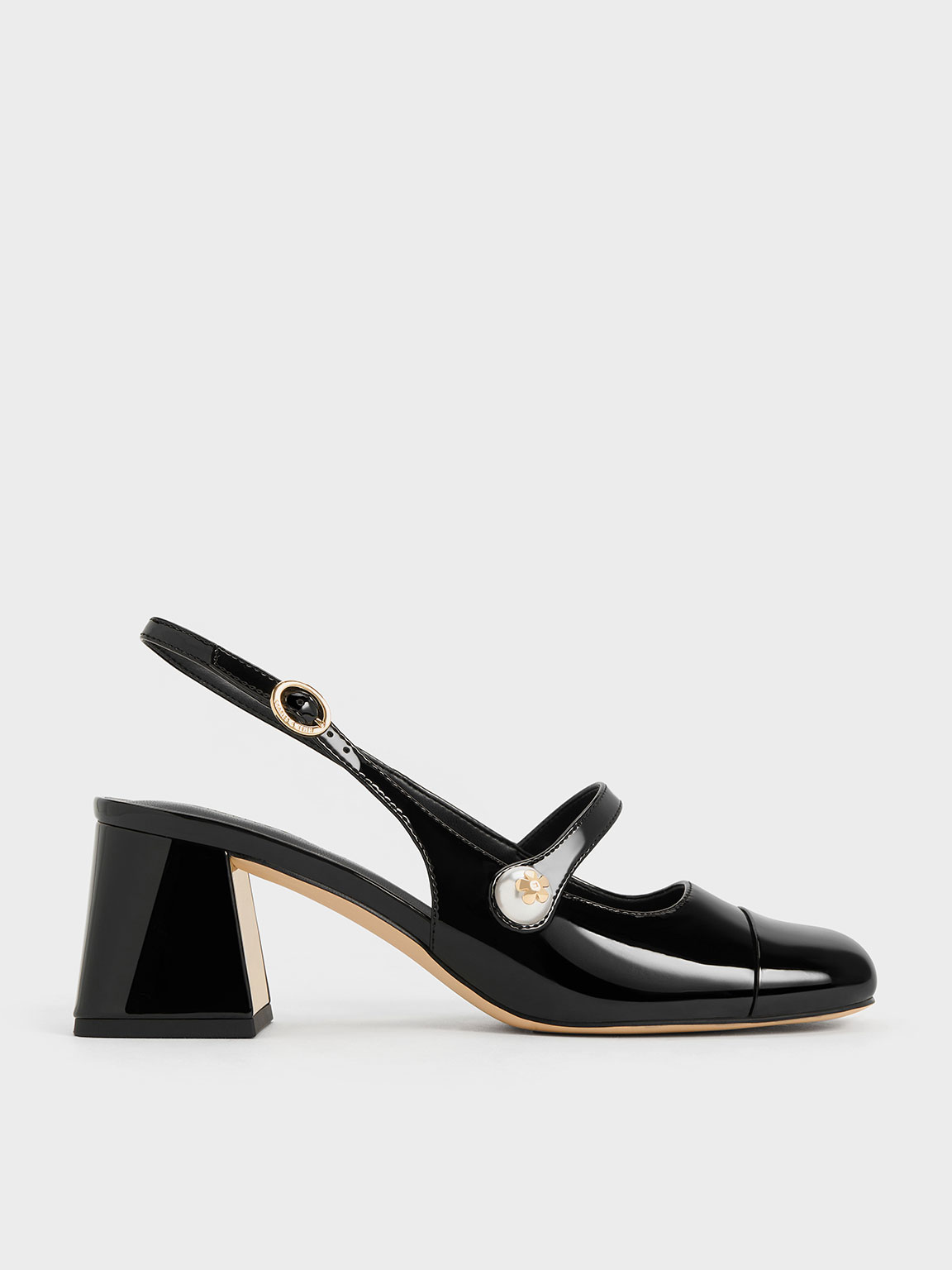 Charles & Keith Patent Pearl Embellished Trapeze-heel Slingback Pumps In Black Patent