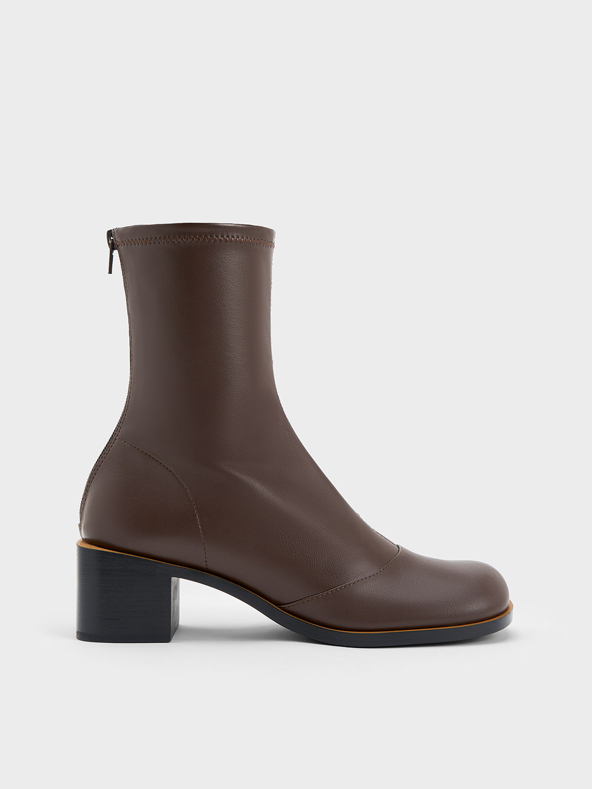 Dark Brown Stitch Trim Ankle Boots - CHARLES & KEITH AE