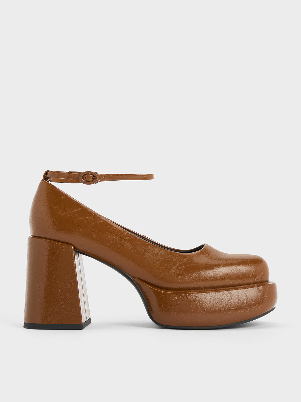 Charles & Keith Monique Crinkle-effect Ankle-strap Platform Pumps In Brown