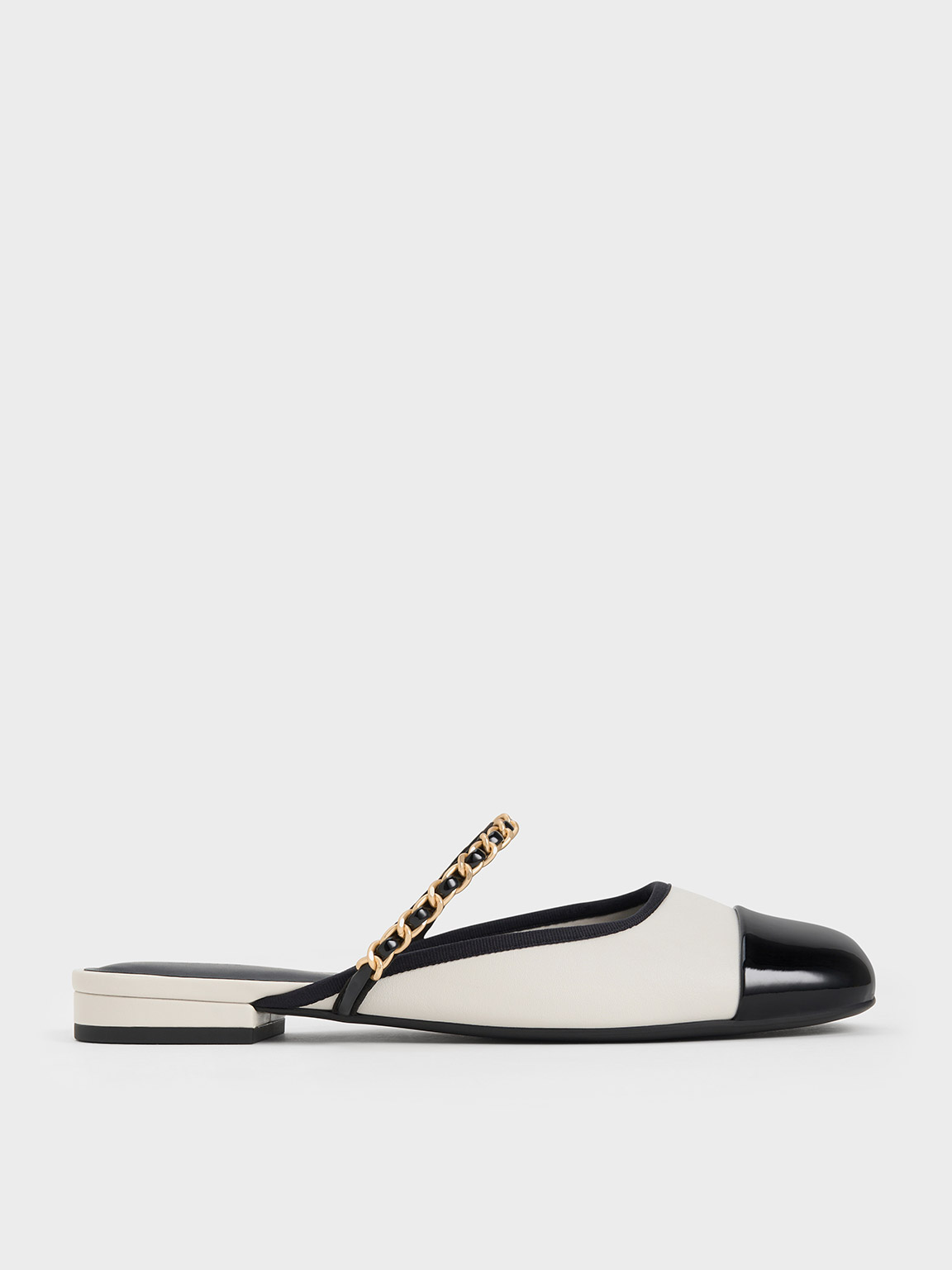 Charles & Keith Patent Two-tone Chain-strap Mules In White