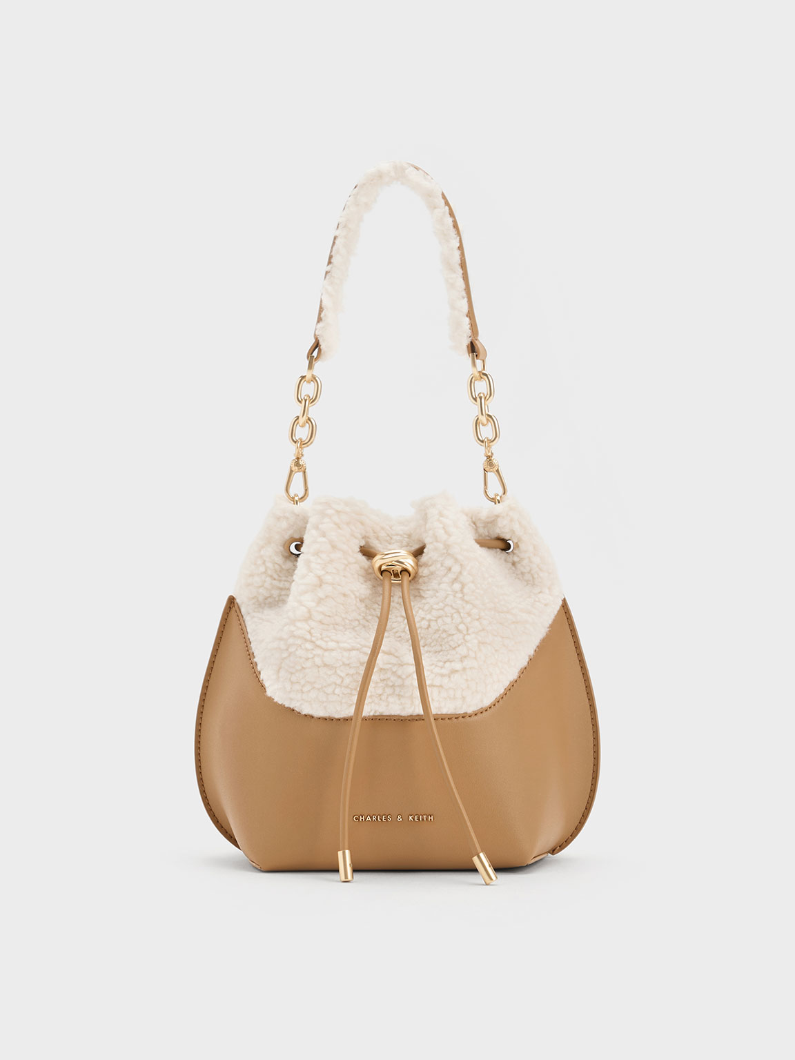 Charles & Keith Cassiopeia Furry Bucket Bag In Camel