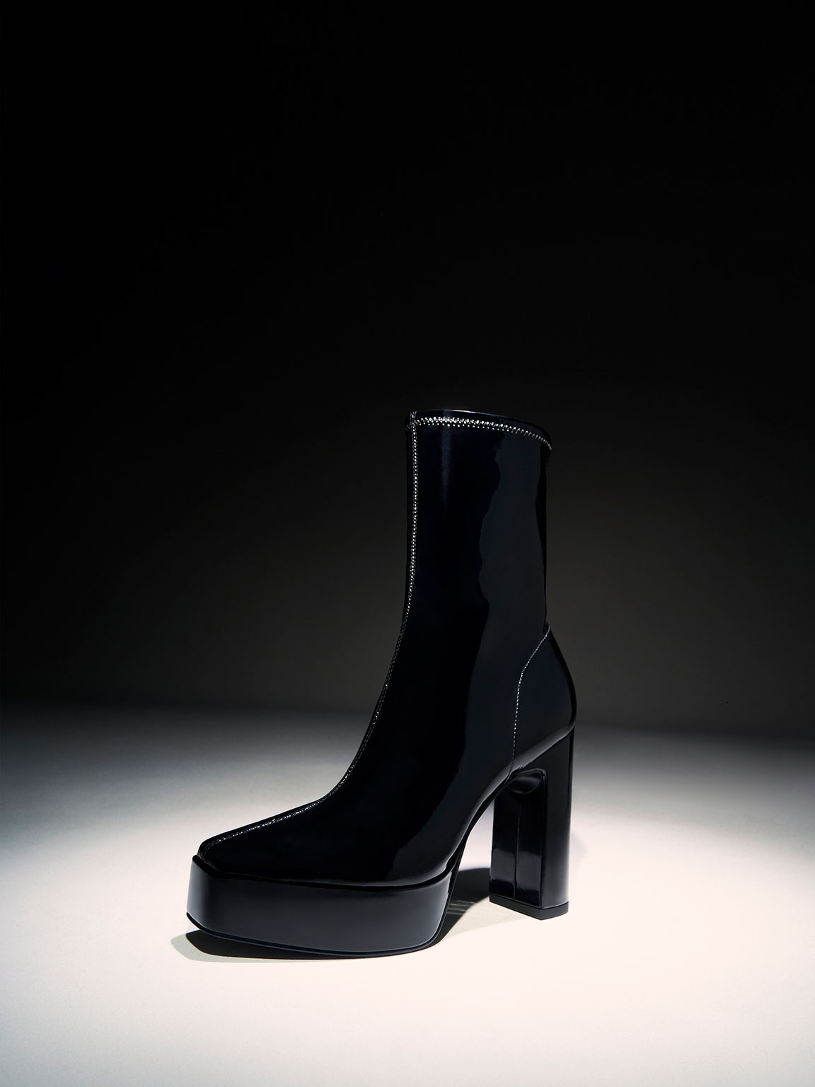 Black Patent Platform Block Heel Ankle Boots | CHARLES & KEITH