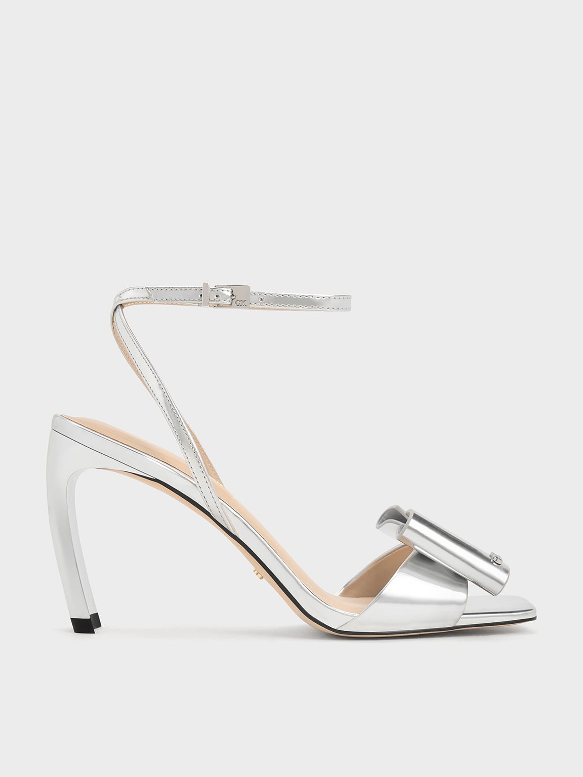 Silver Lu Metallic Leather Bow Blade-Heel Sandals - CHARLES & KEITH TR