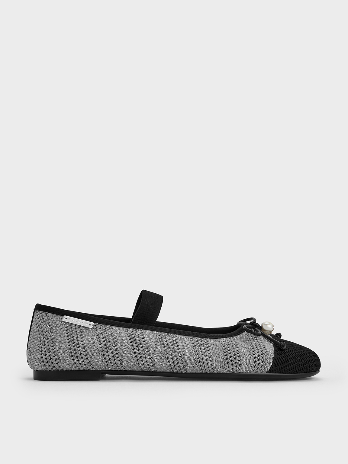 Charles & Keith - Knitted Pearl-accent Bow Ballet Flats In Silver