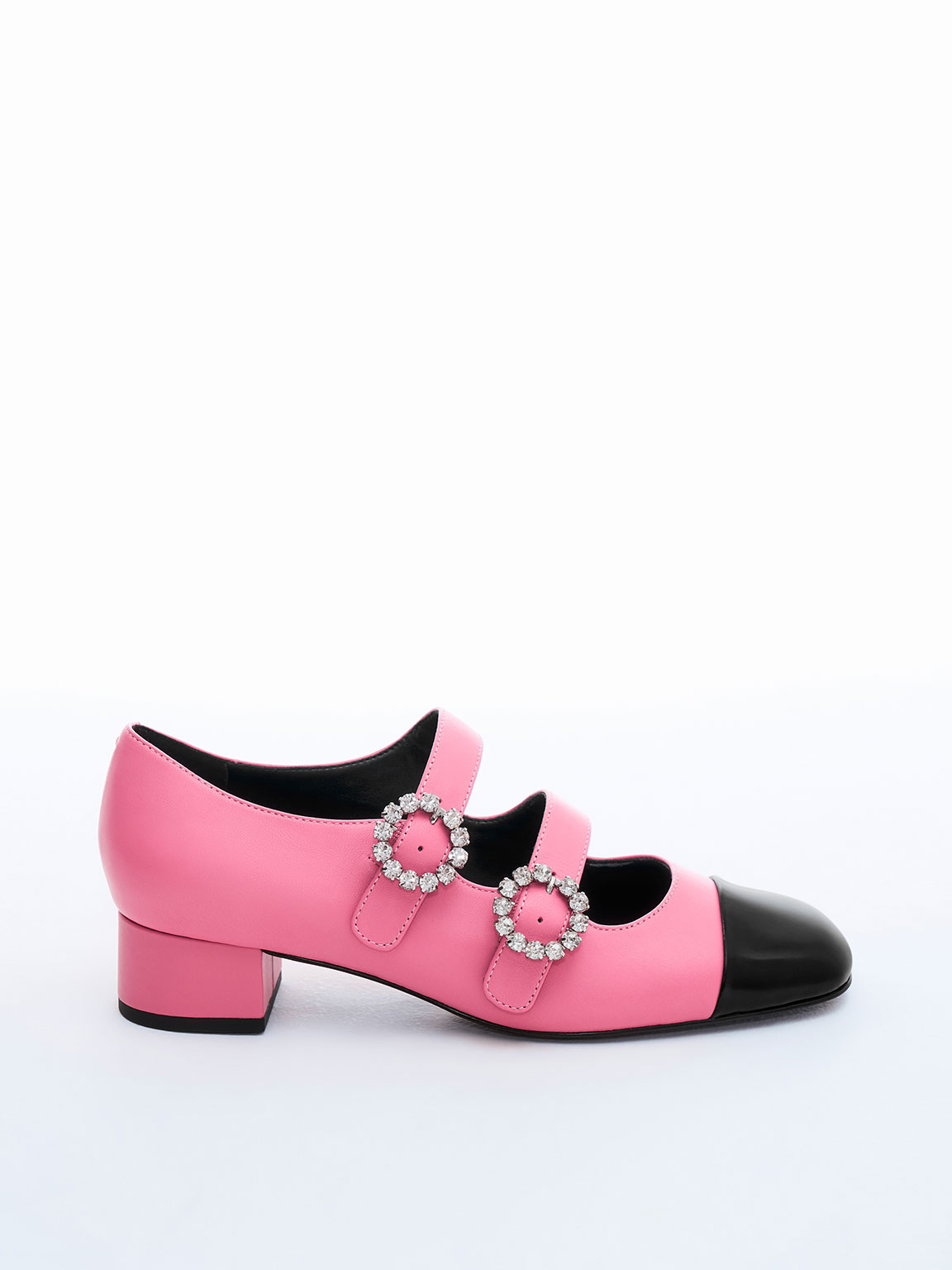 Charles & Keith Leather Double-buckle Crystal-embellished Mary Janes In Pink