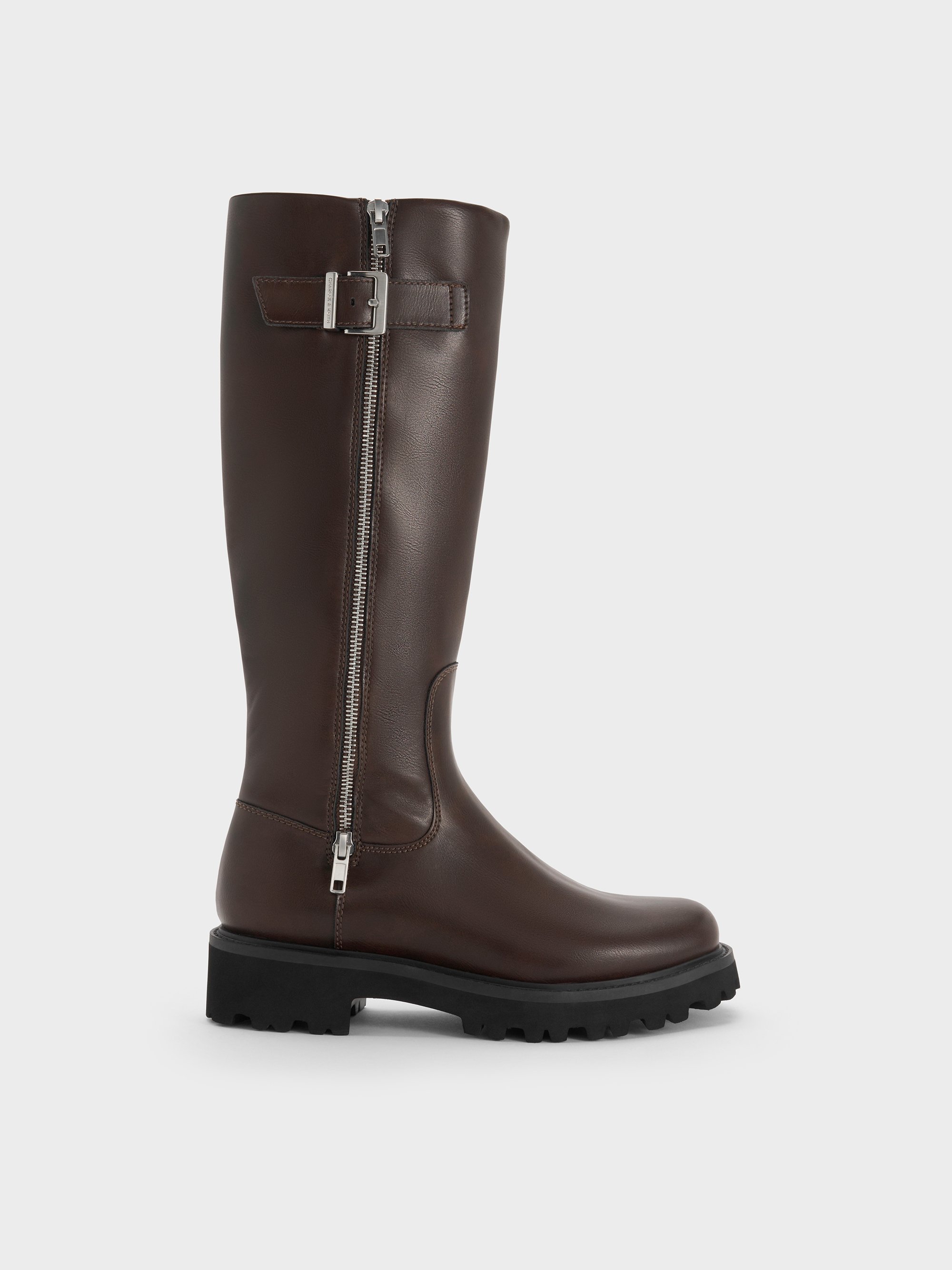 Charles & Keith - Lyndon Buckled Side-zip Knee-high Boots In Brown