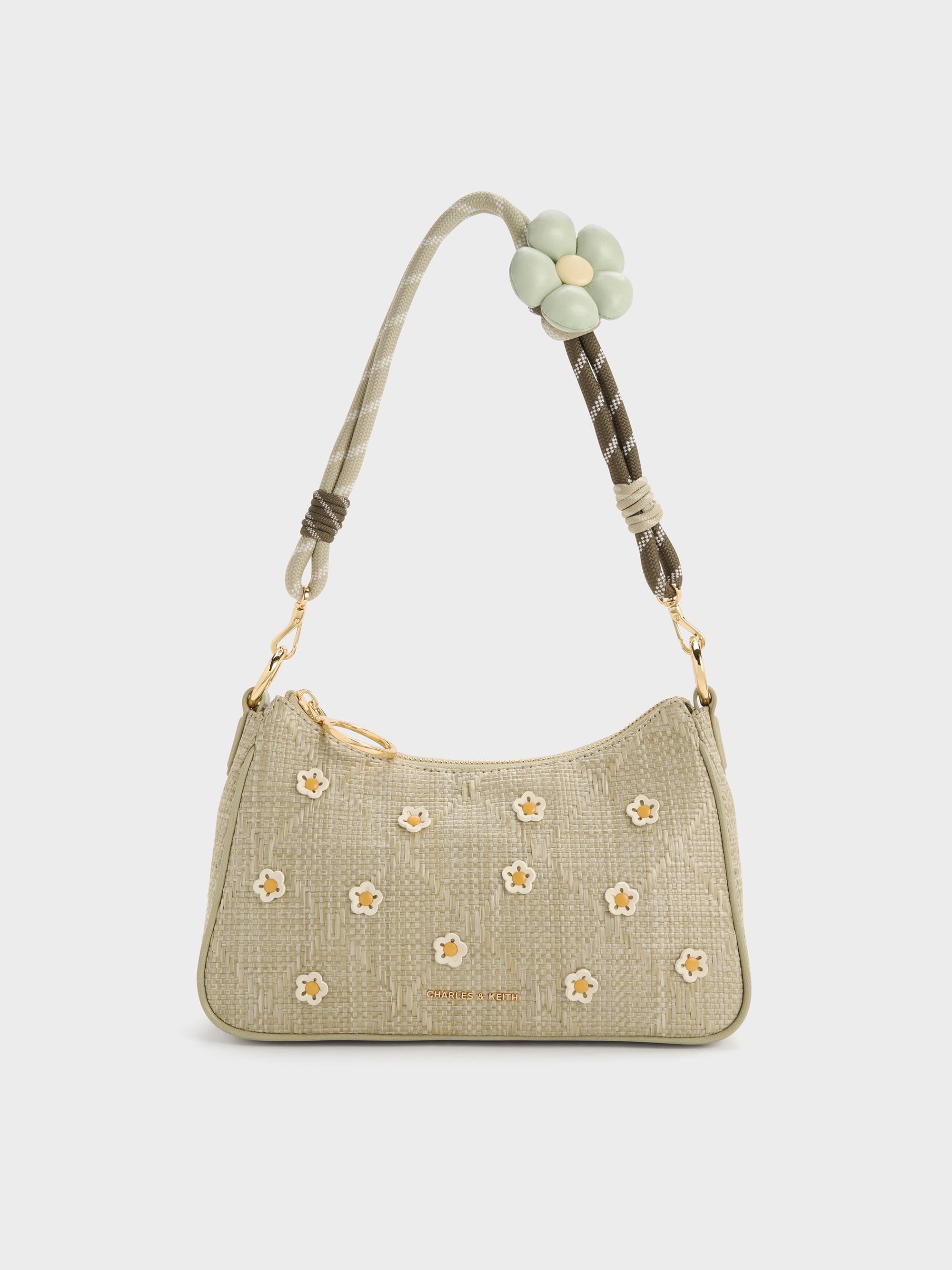 Philomena Raffia Flower Crossbody Bag - Pale Olive - CHARLES