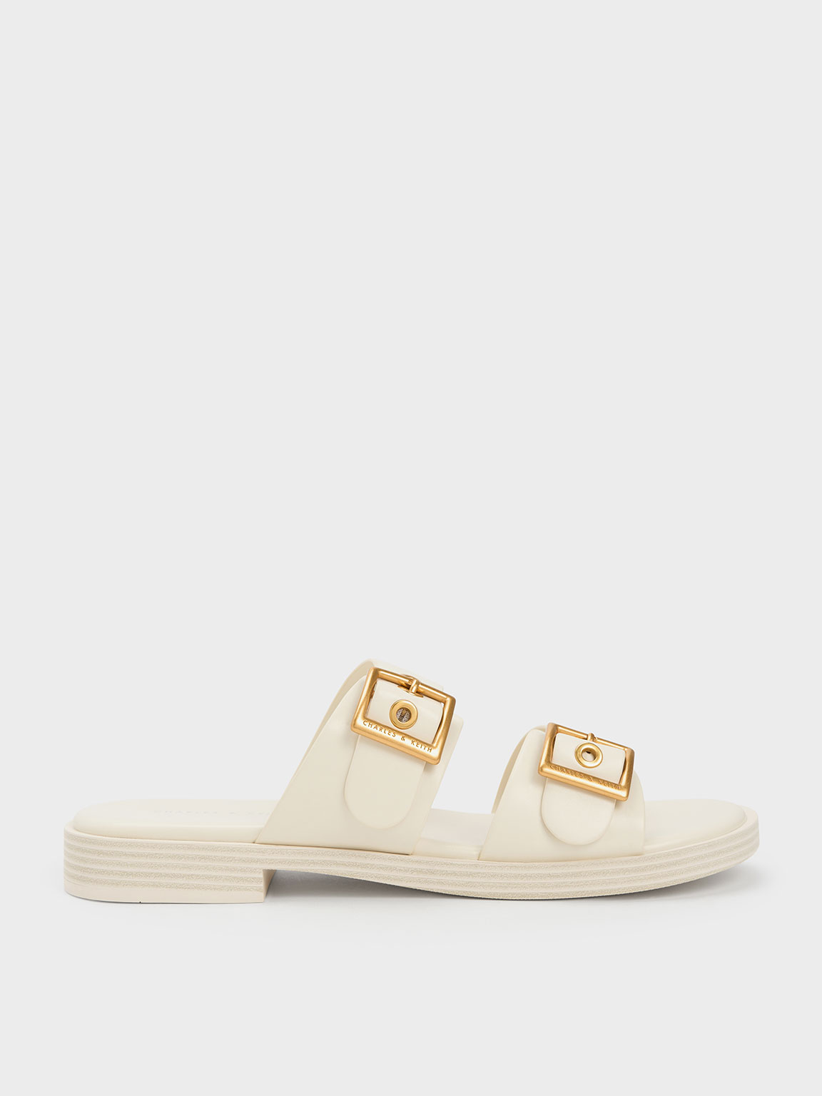 White Buckled Double Strap Slide Sandals - CHARLES & KEITH SG