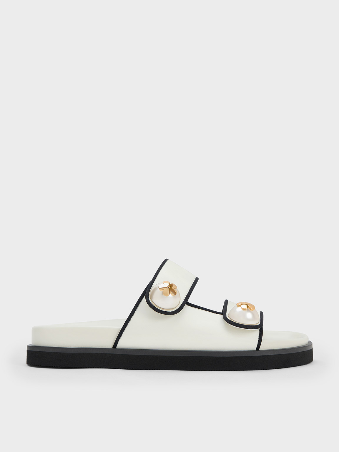 White Pearl Embellished Contrast Trim Slides CHARLES KEITH SG
