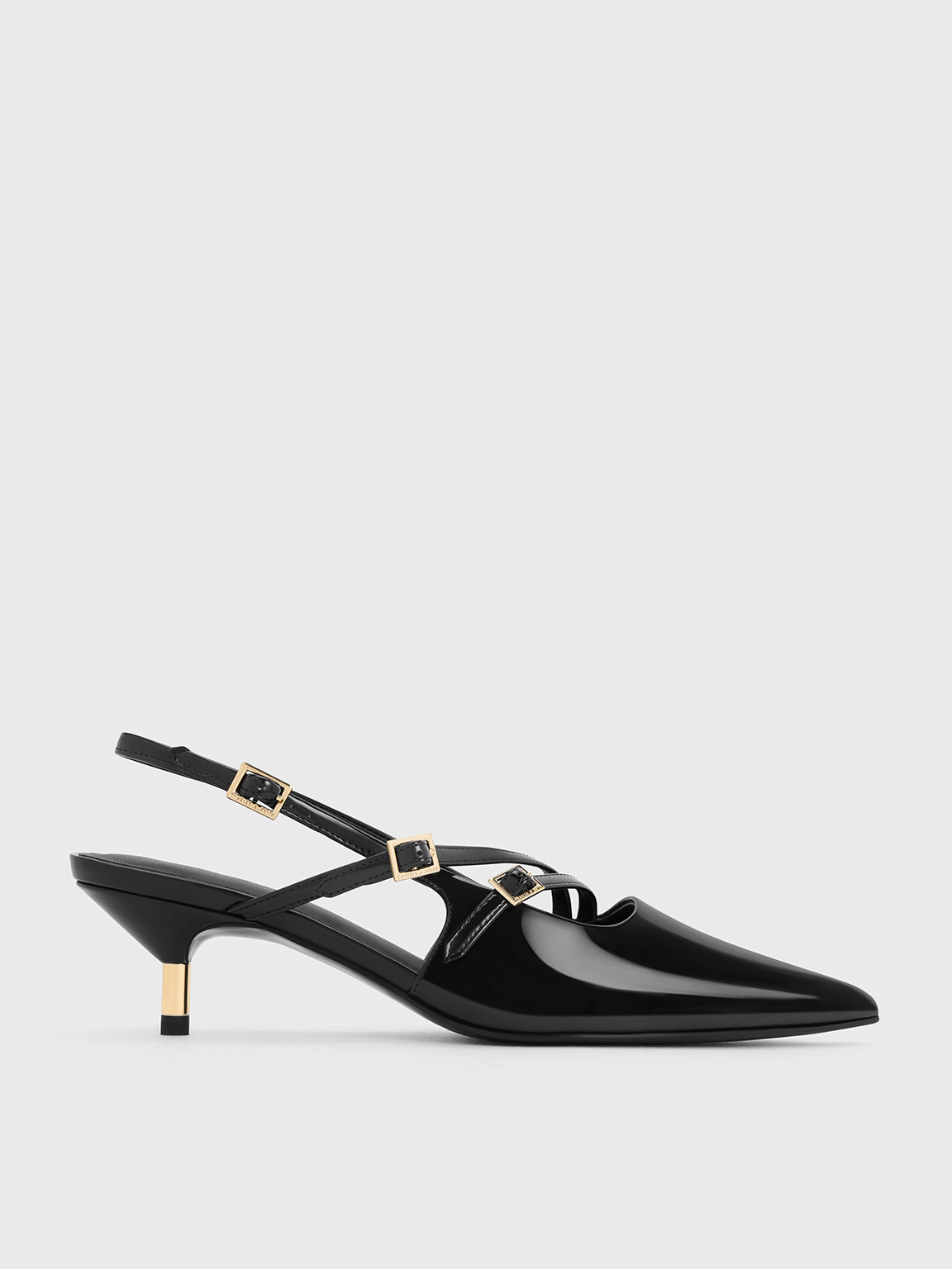 Black Patent Buckle-Strap Kitten Heel Slingback Pumps - CHARLES & KEITH US