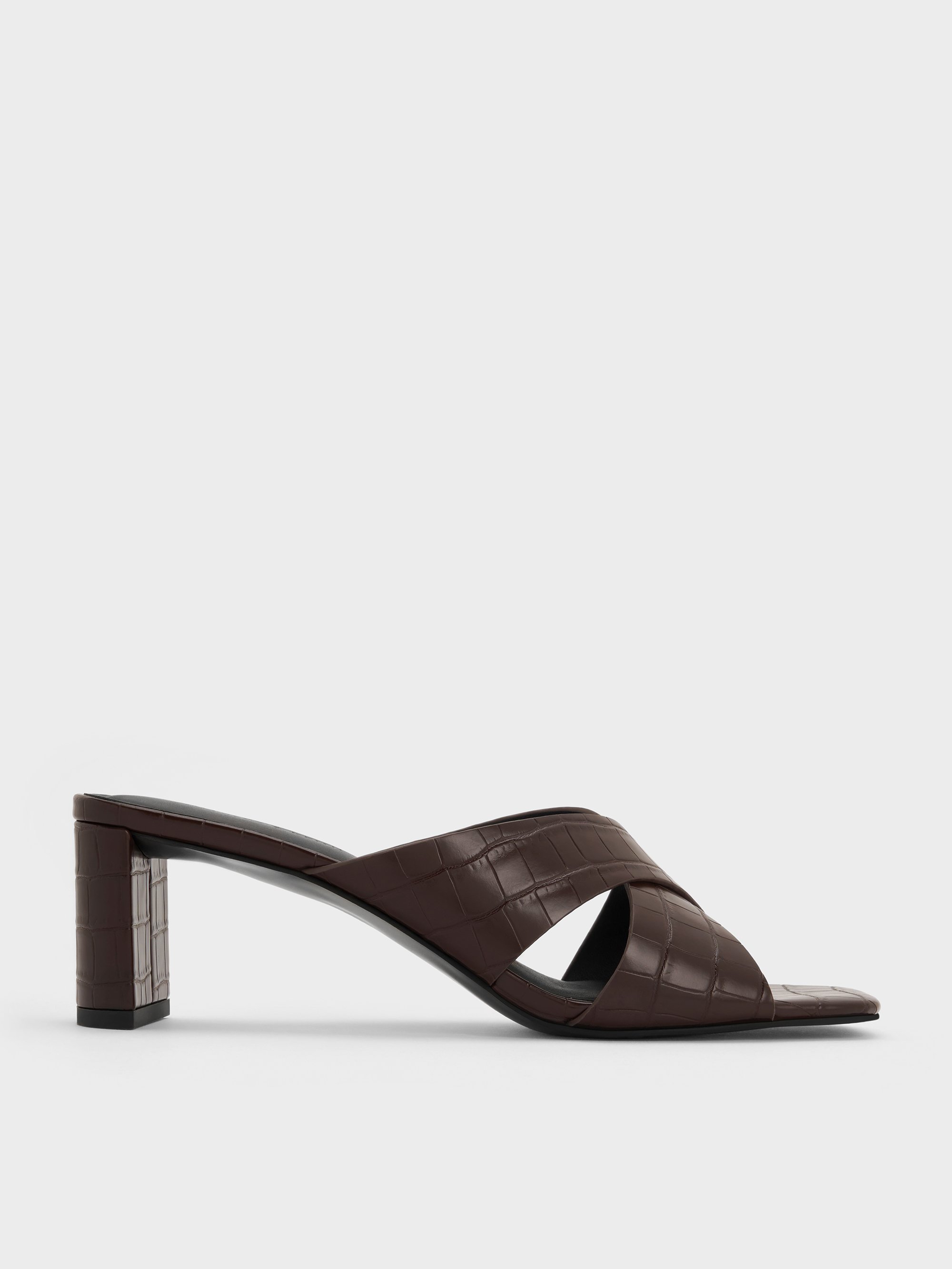 Charles & Keith - Georgina Croc-effect Crossover-strap Blade-heel Mules In Brown