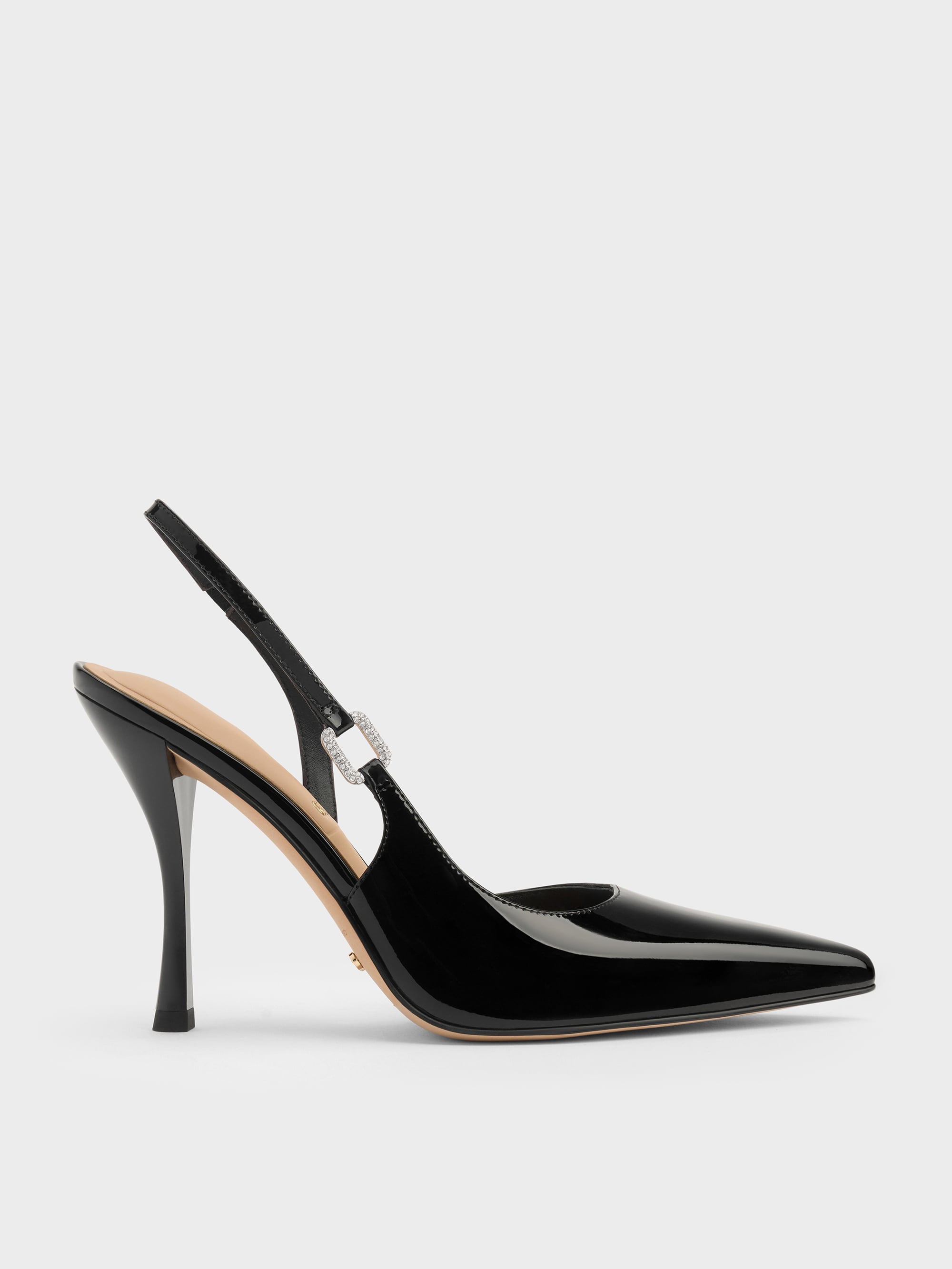 Charles & Keith - Patent Leather Crystal-Buckle Slingback Pumps
