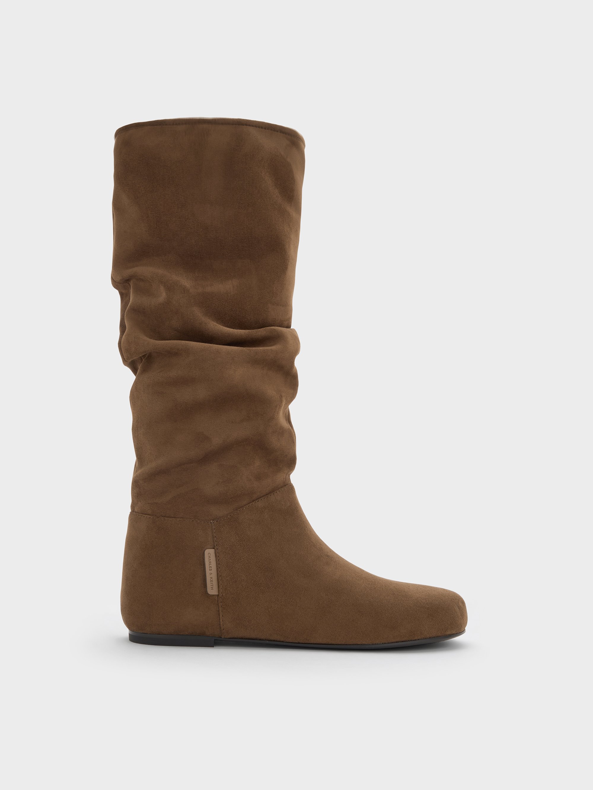 Charles & Keith - Faux Suede Ruched Knee-high Boots In Brown