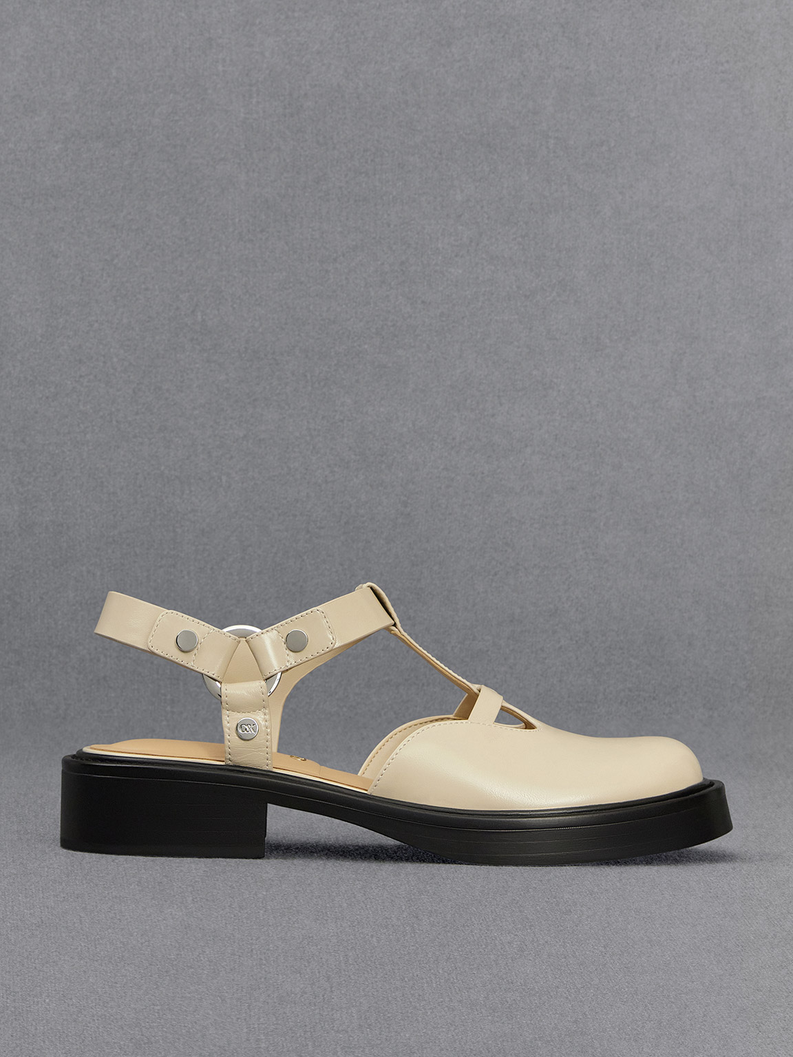 Shop Charles & Keith - Leather Cut-out T-bar Mary Jane Flats In Chalk
