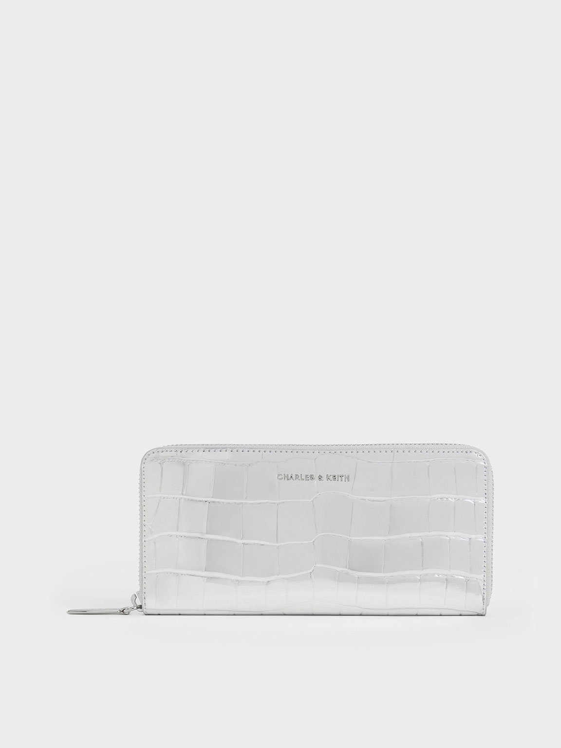 Silver Metallic Croc Effect Zip Around Long Wallet CHARLES KEITH