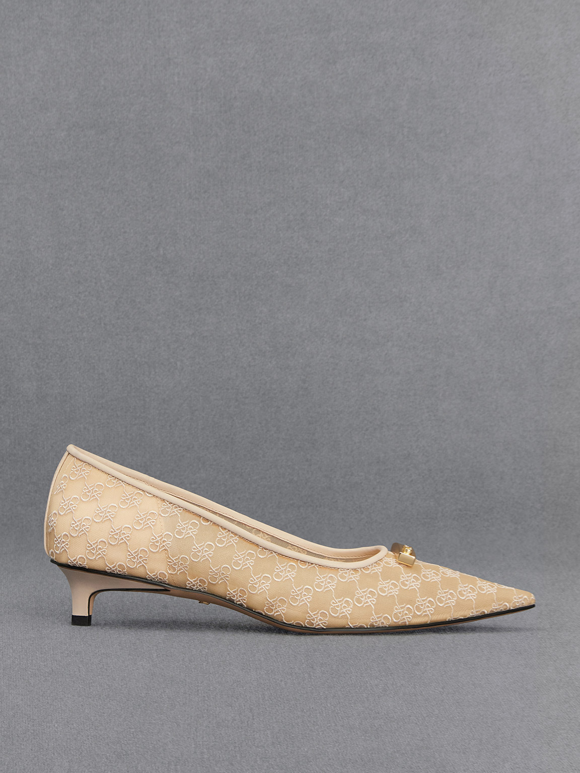 Charles & Keith Mesh Kitten-heel Pumps In Beige