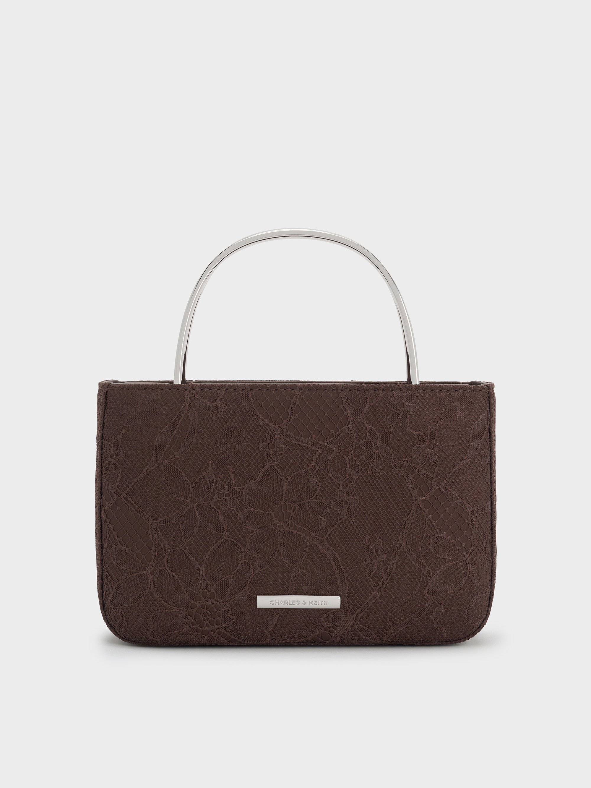 Dark Brown Textured Jennis Lace & Satin Top Handle Bag - Dark