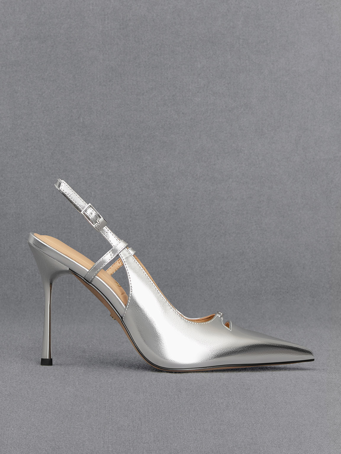 Charles & Keith Metallic Leather Pointed-toe Slingback Pumps In Silver