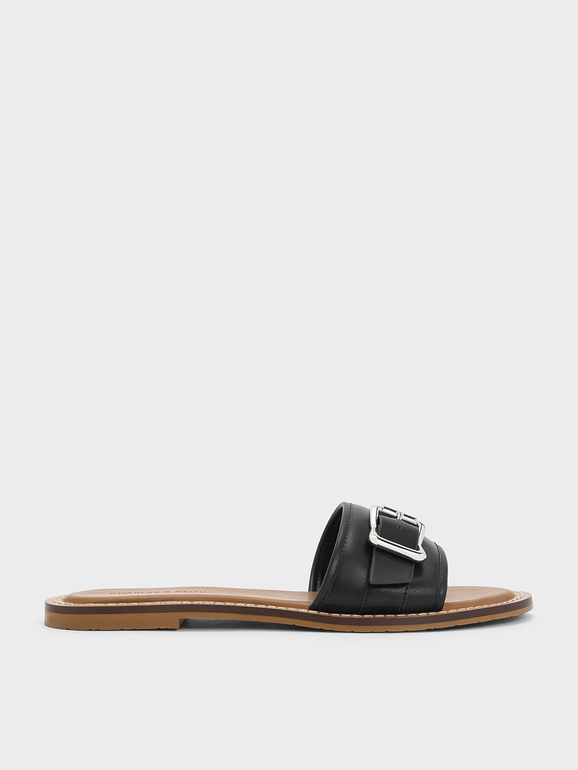 Black Buckled Slide Sandals - CHARLES & KEITH AW