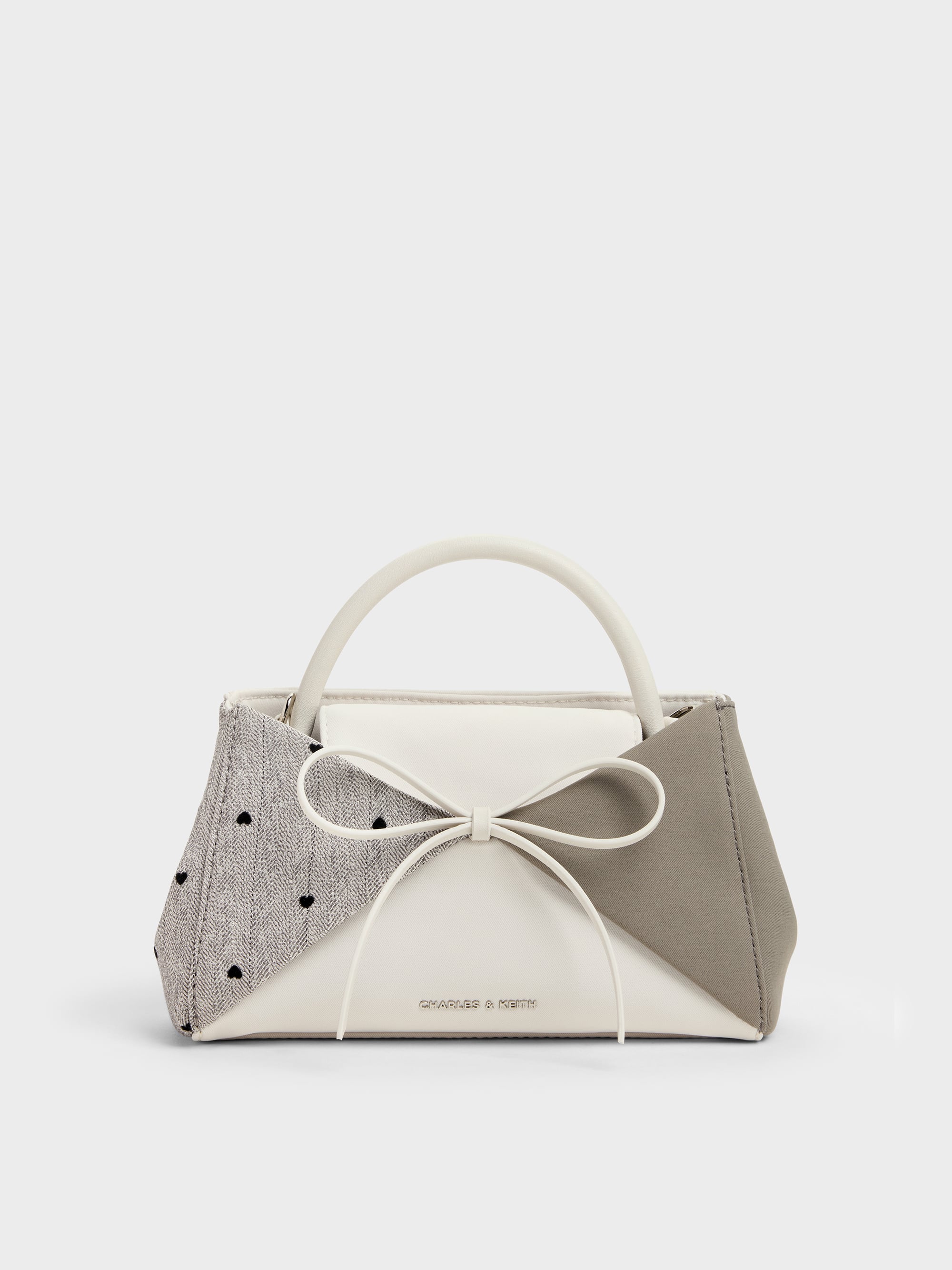 Charles & Keith - Hazel Heart-print Bow Panelled Top Handle Bag In Taupe