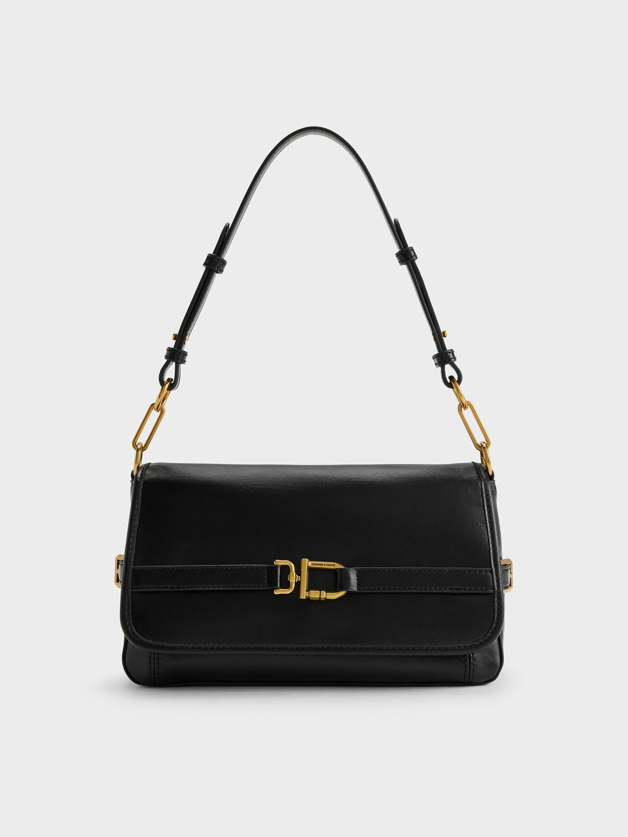 Gwynne Metallic-Buckle Belted Shoulder Bag - Black - CHARLES