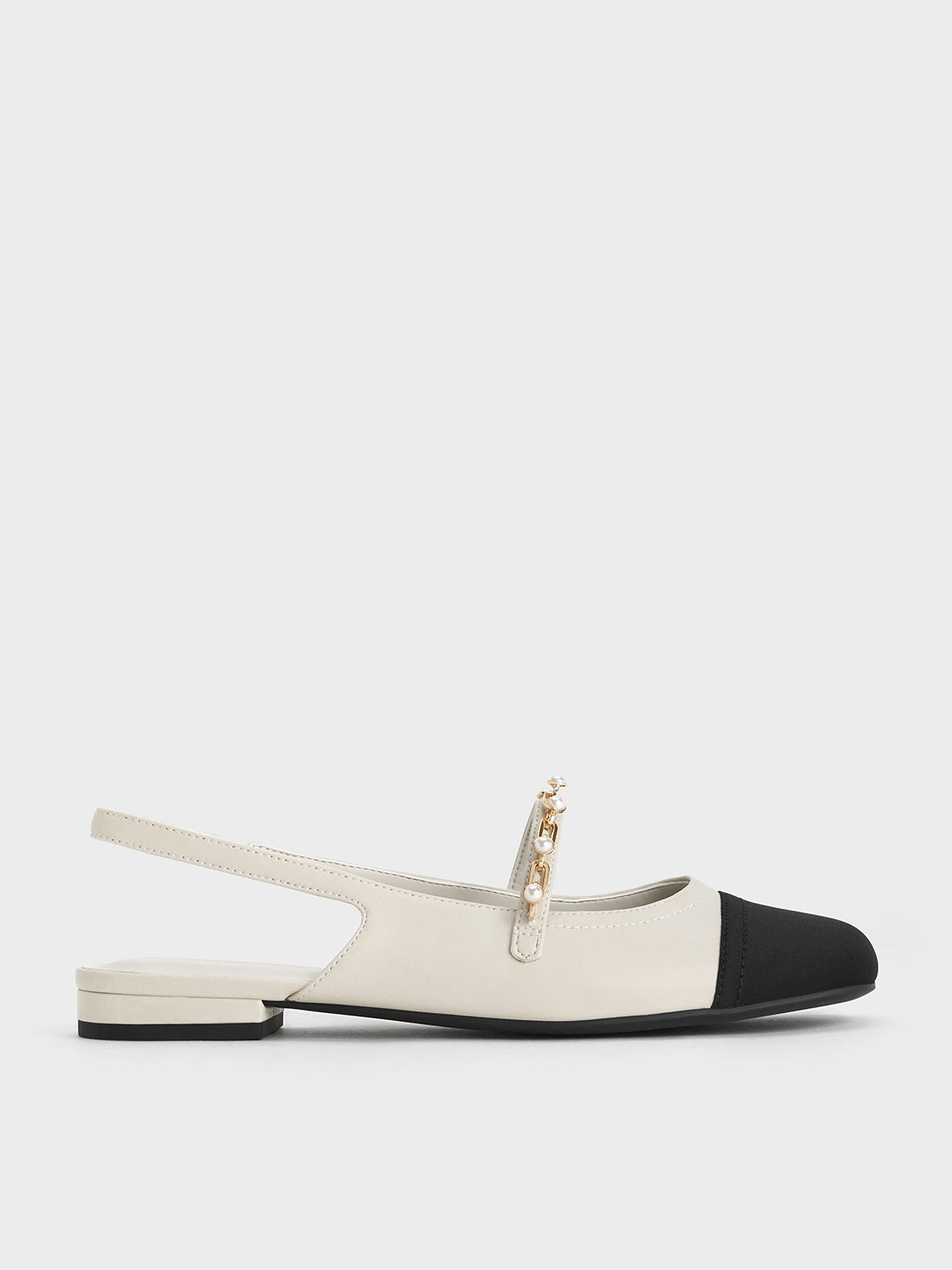 Charles & Keith Beaded Chain-link Slingback Flats In Chalk