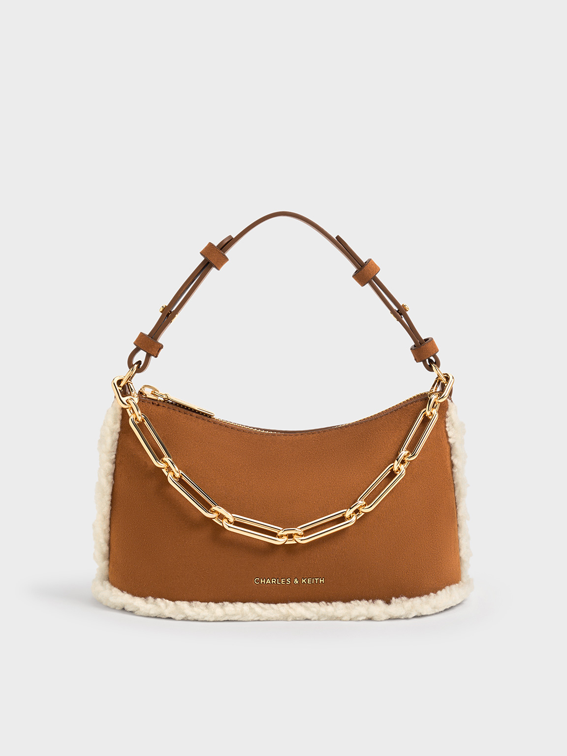 Brown Robyn Faux Suede Fur-Trim Elongated Chain-Handle Bag - Brown