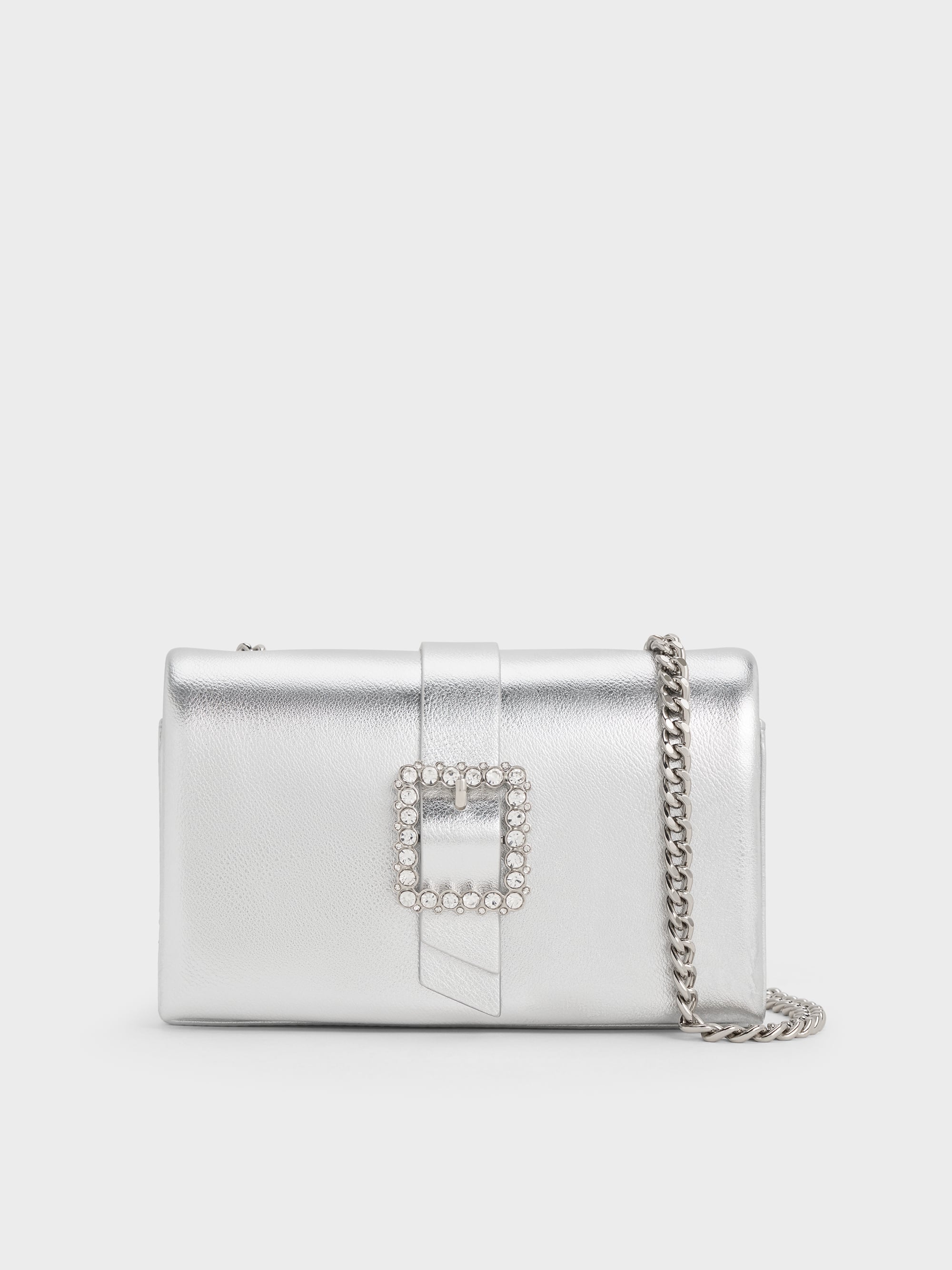 Metallic Crystal-Buckle Belted Chain-Handle Bag - Silver - CHARLES