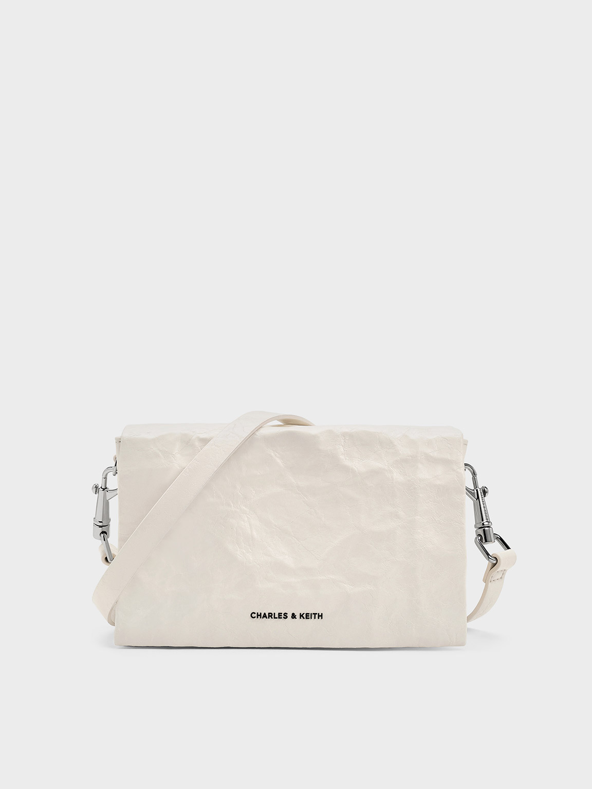 Charles & Keith Matina Crinkle-effect Crossbody Bag In White