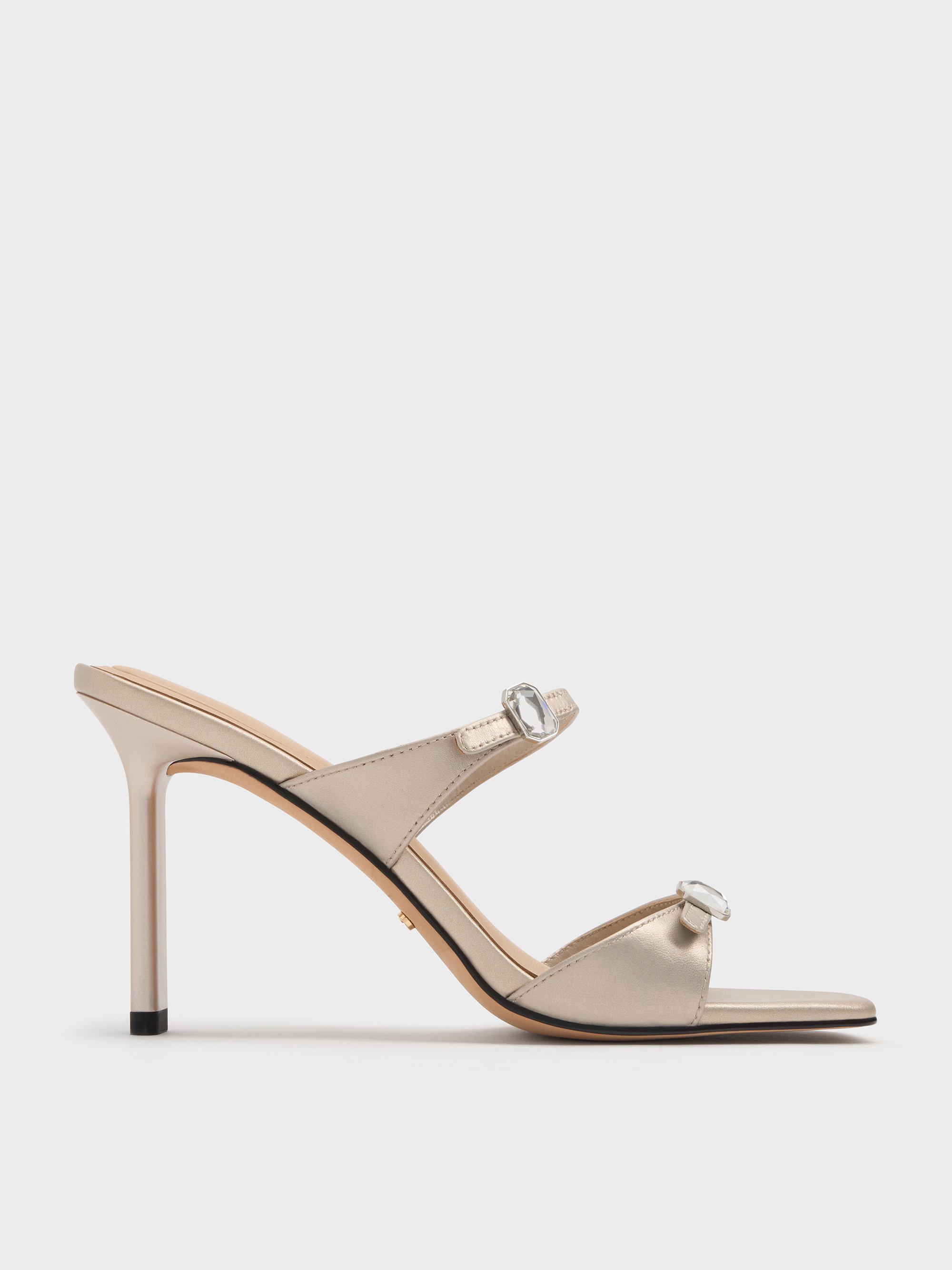 Charles & Keith - Pearlescent Leather Gem-buckle Double-strap Heeled Sandals In White