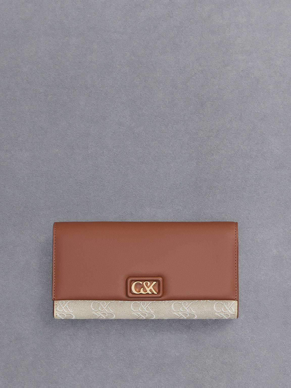Shop Charles & Keith Leather & Canvas Chain-strap Wallet In Cognac