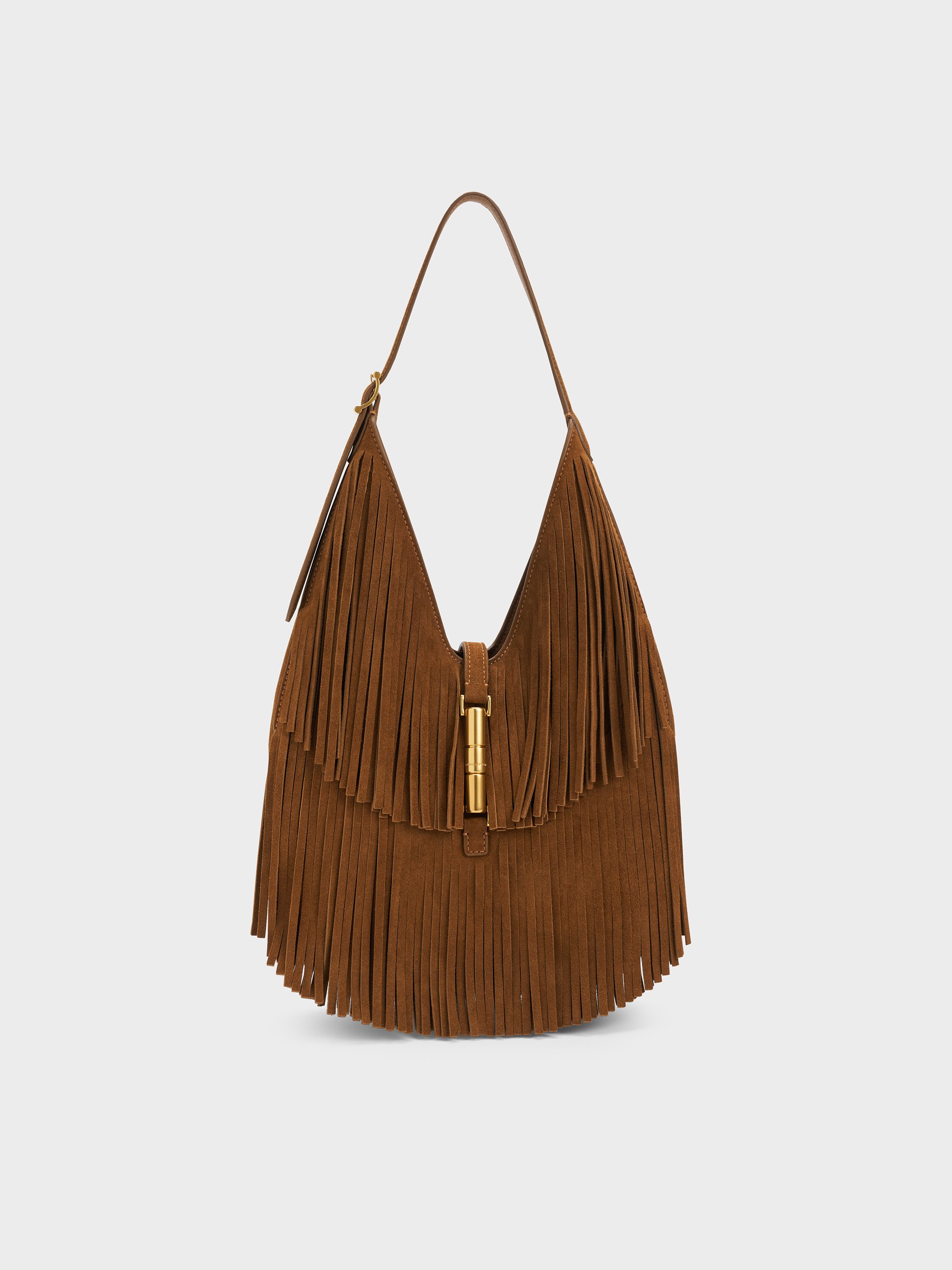 Charles & Keith - Cesia Recycled Suede Fringed Hobo Bag In Brown