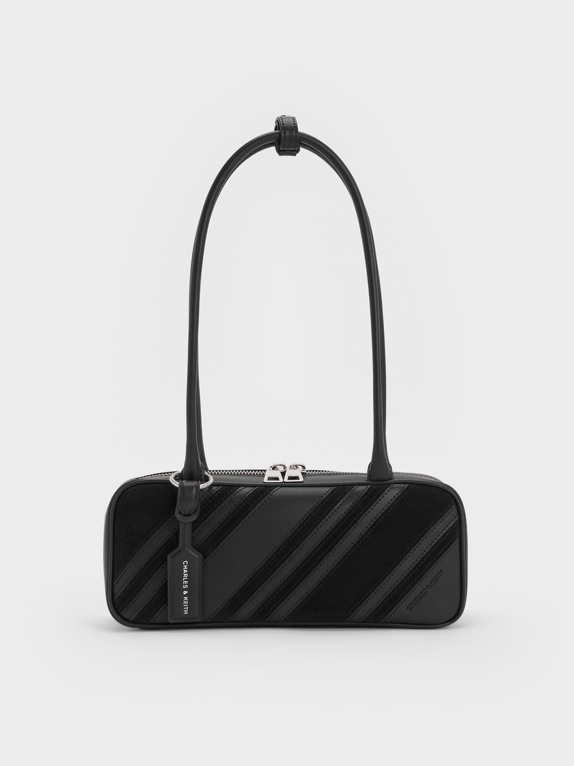 Charles & Keith - Zeya Recycled Suede Striped Shoulder Bag In Black
