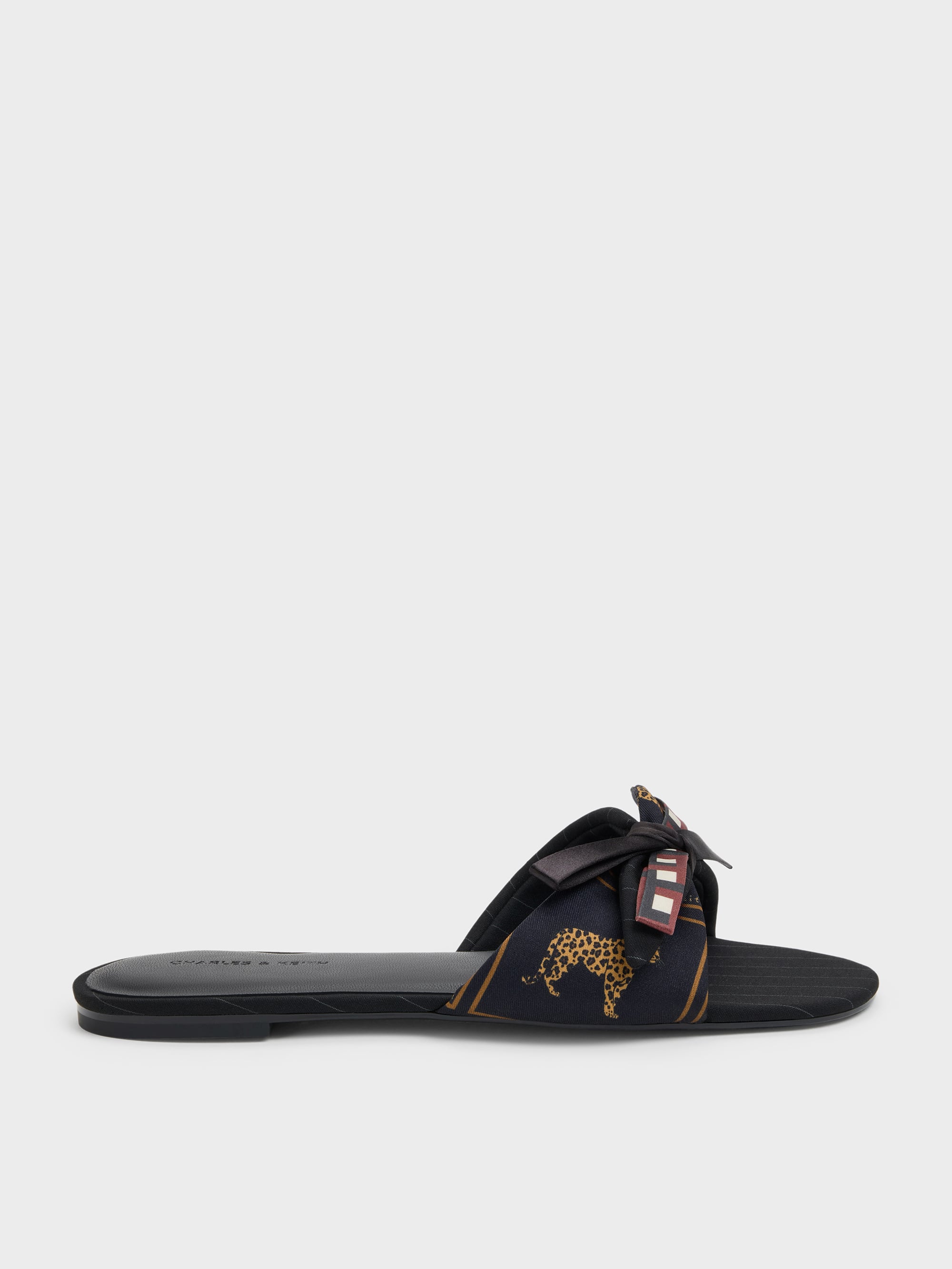 Charles & Keith - Satin Printed Bow Slide Sandals In Black Textured