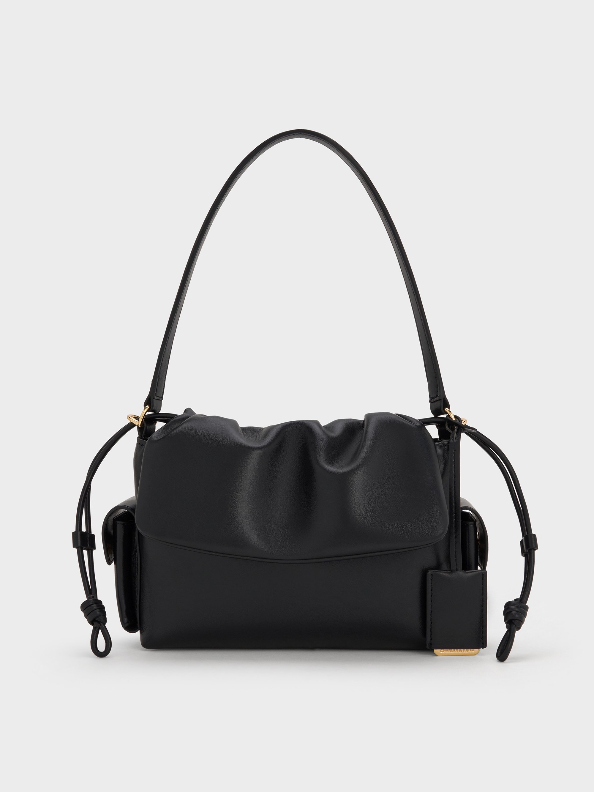 Charles & Keith - Khai Ruched-flap Side-pocket Top Handle Bag In Black