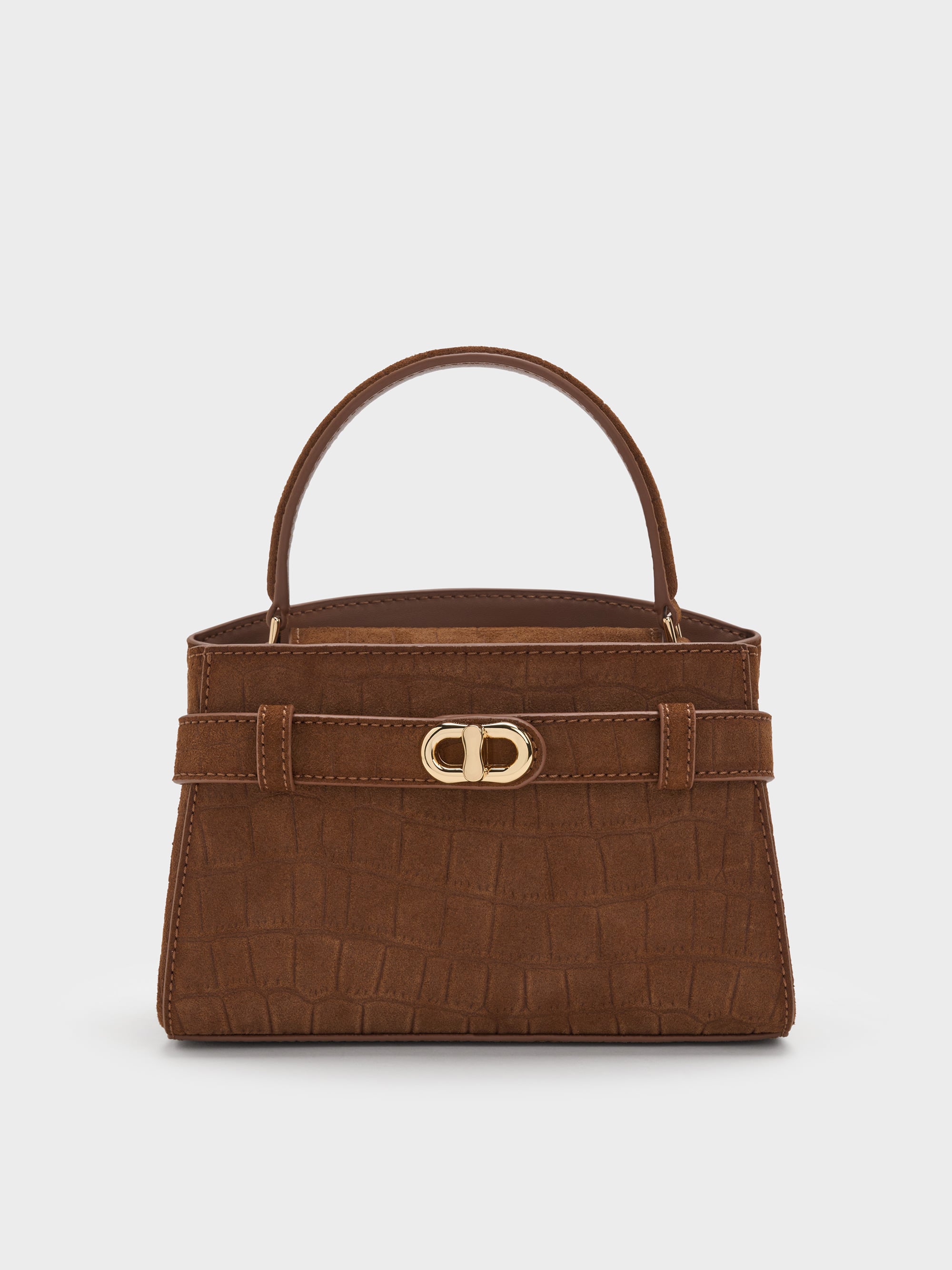 Aubrielle Croc-Effect Belted Top Handle Bag - Chocolate - CHARLES