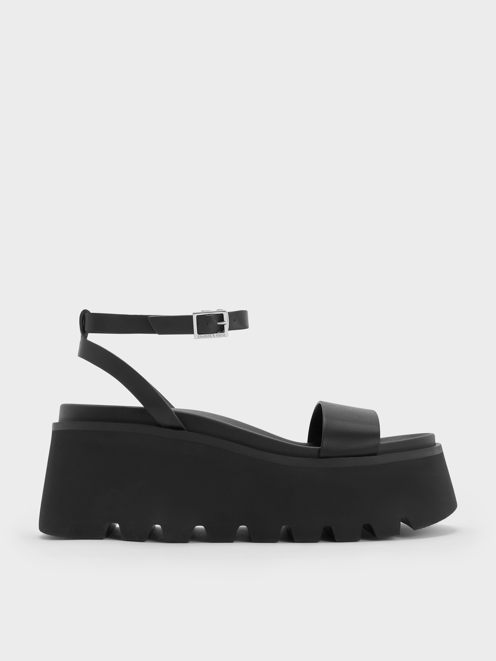 Black Ridged-Sole Ankle-Strap Flatform Sandals - CHARLES