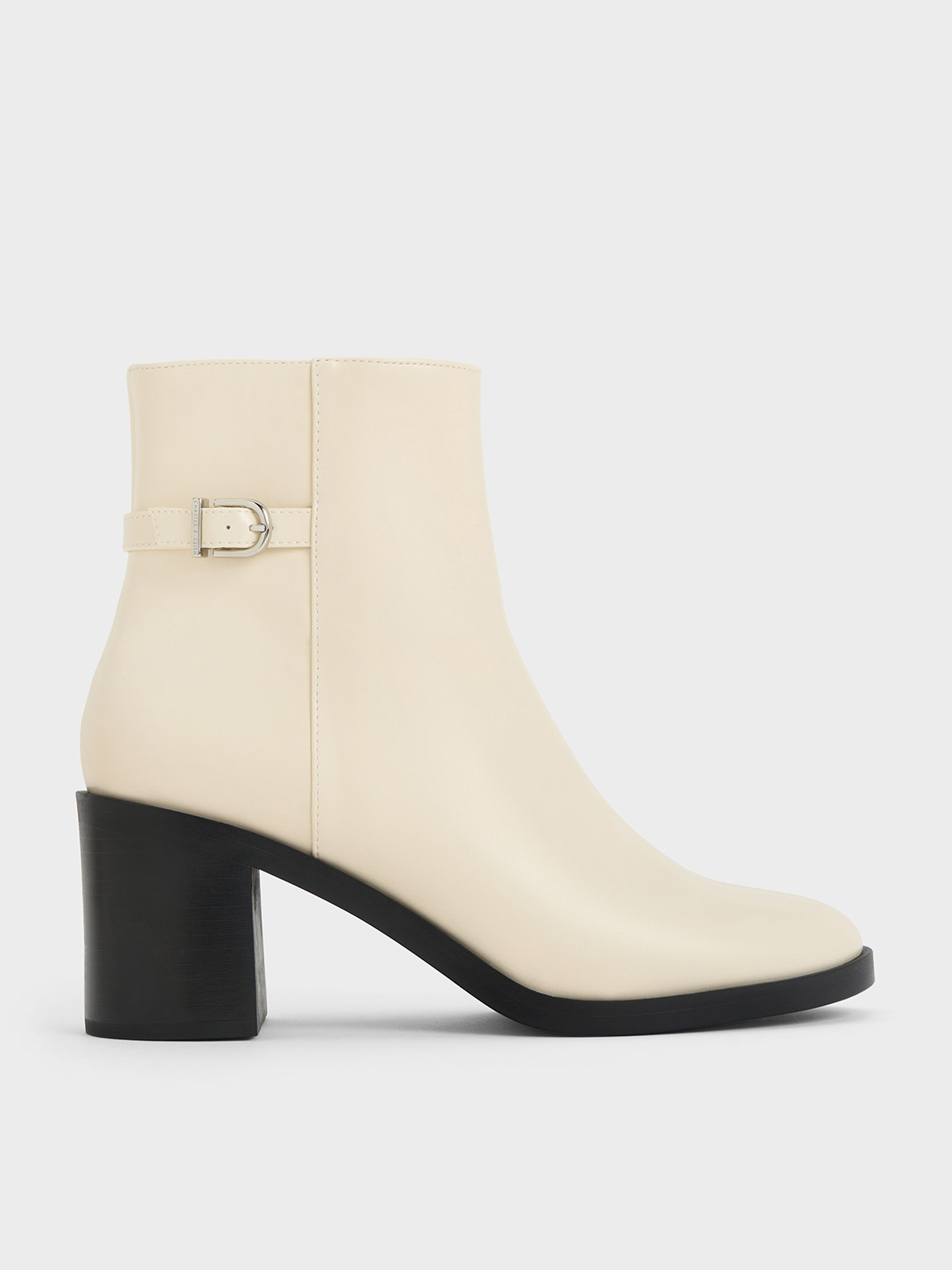 Charles & Keith Side-buckle Block Heel Ankle Boots In Chalk