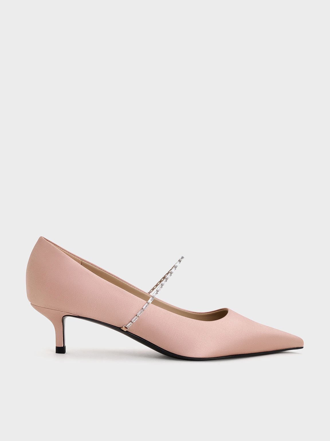 Nude Satin Embellished-Strap Pointed-Toe Pumps - CHARLES