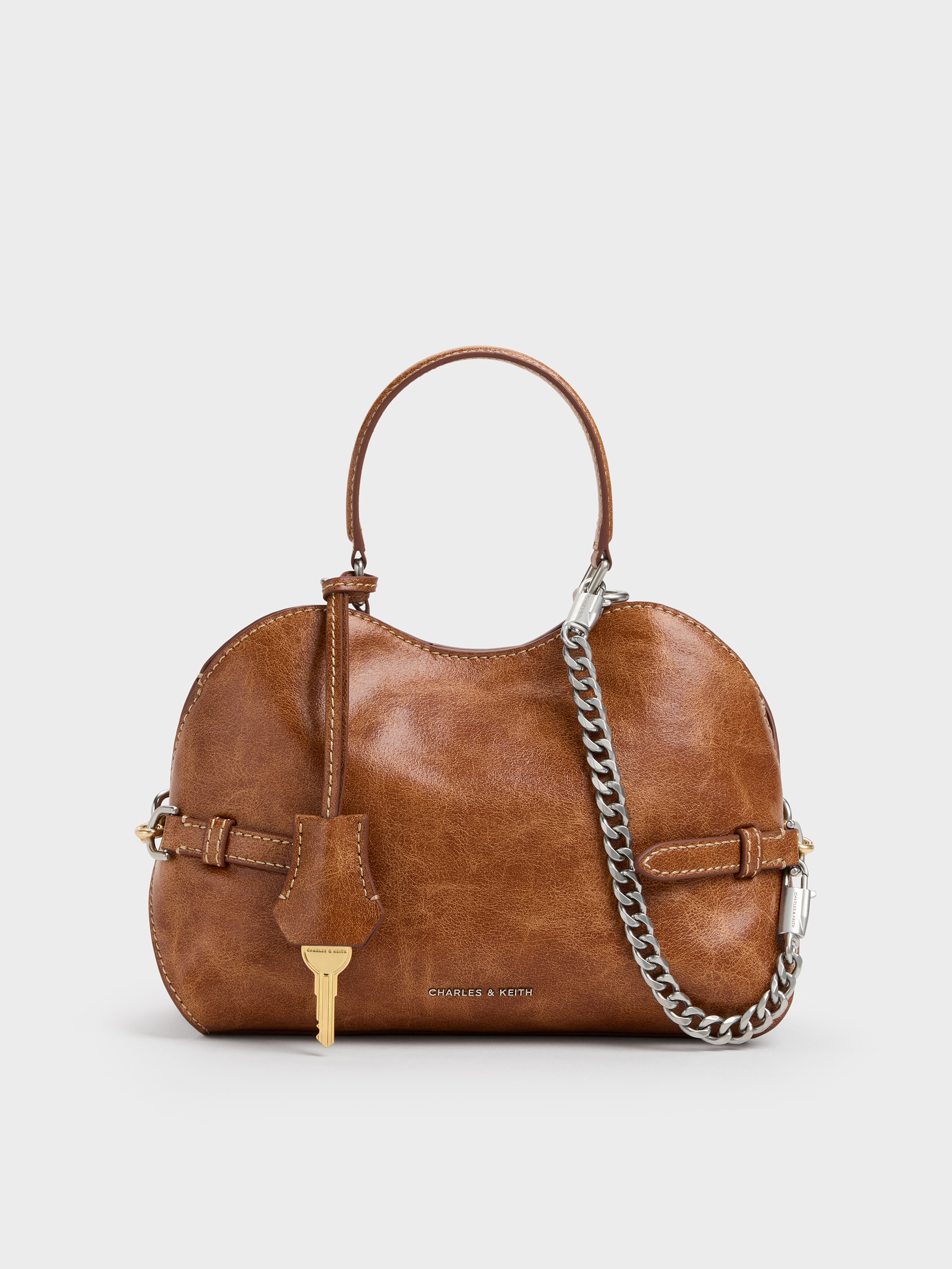 Delfina Chain Side-Belt Tote Bag - Distressed Tan - CHARLES & KEITH US