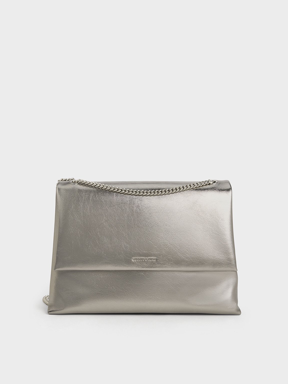 Charles & Keith - Sianna Metallic Crinkle-effect Chain-handle Shoulder Bag In Pewter