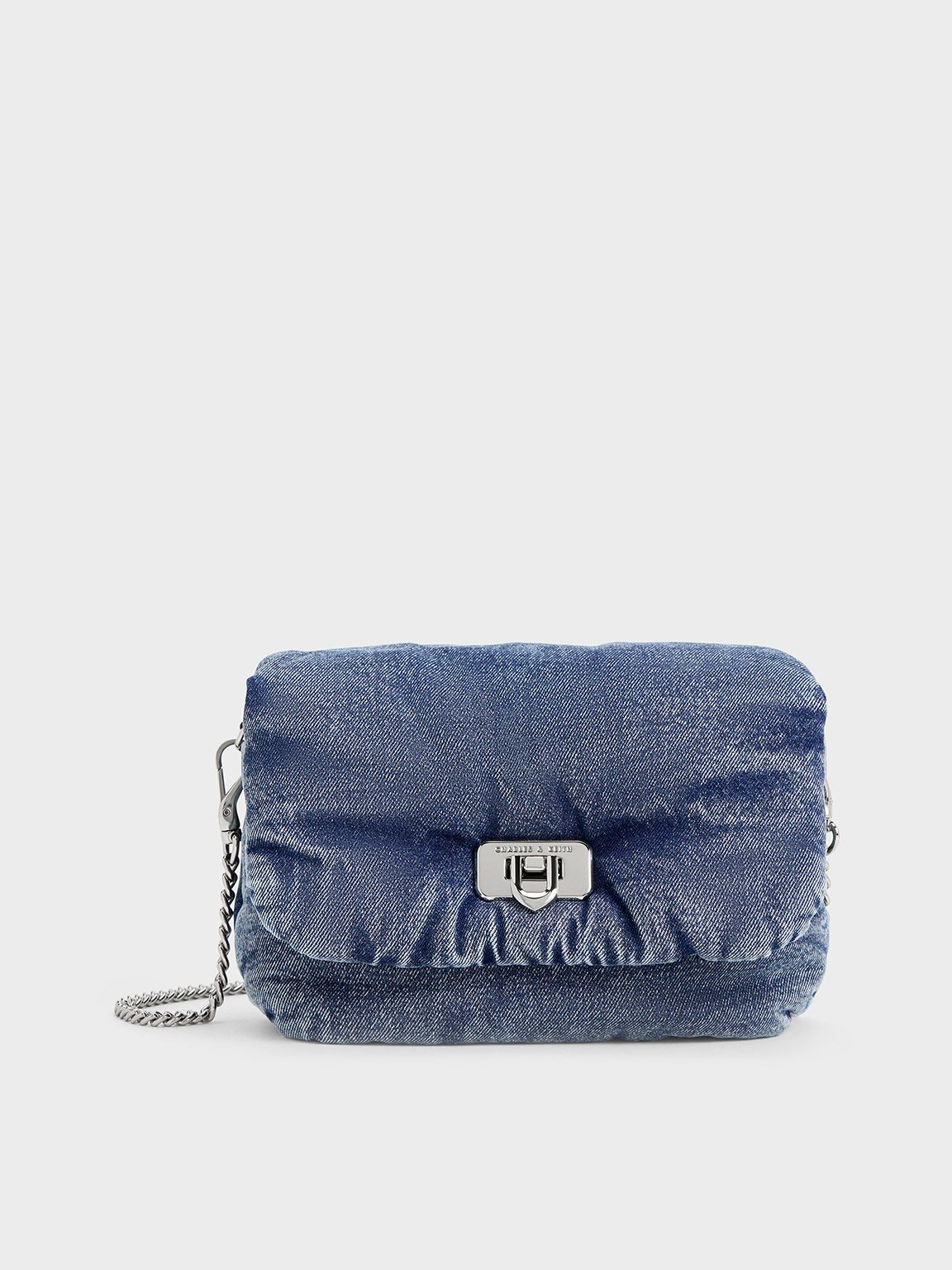 Denim Blue Paffuto Denim Metallic Accent Chain-Handle Bag