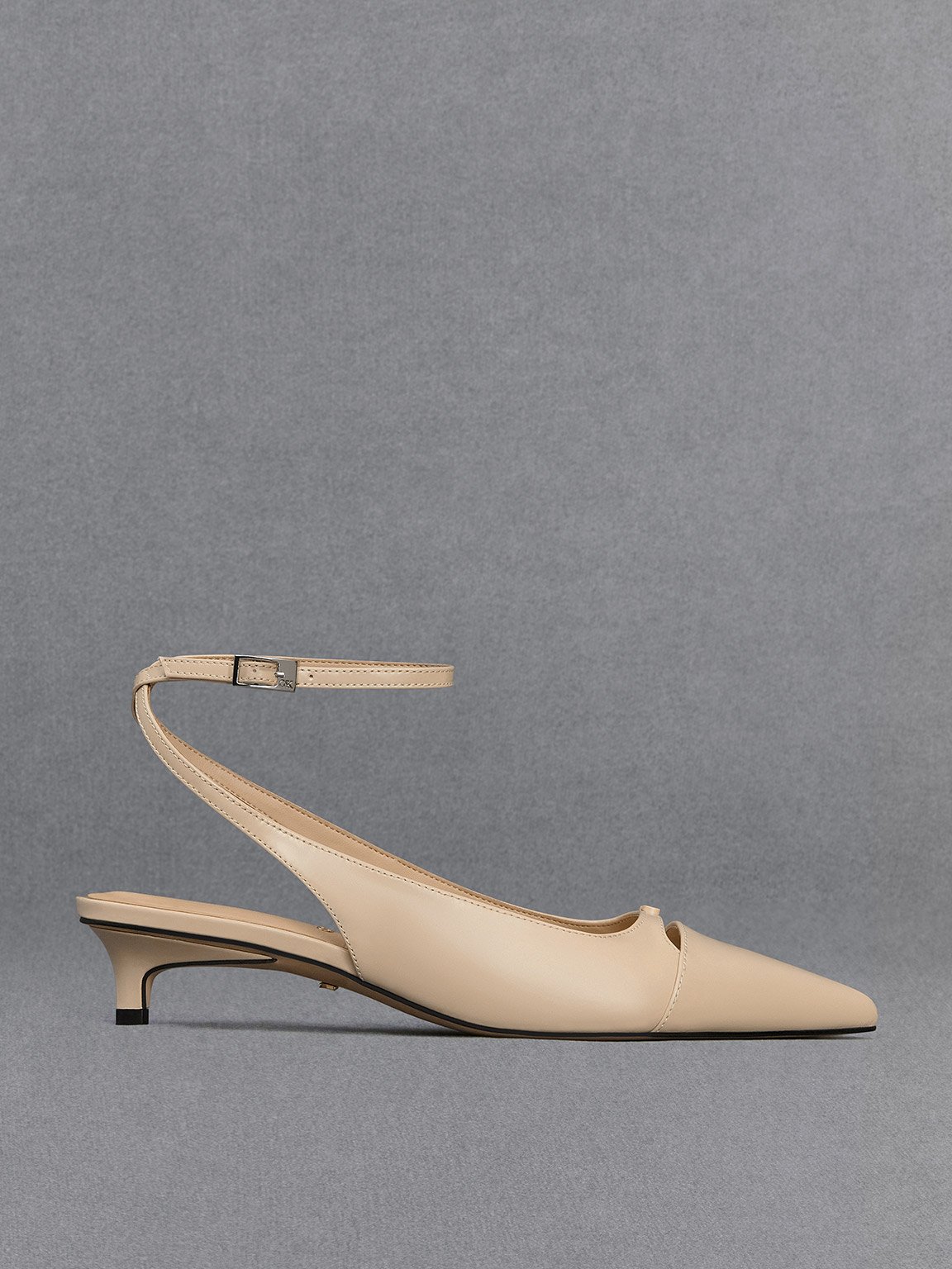 Shop Charles & Keith - Leather Kitten-heel Pumps In Beige