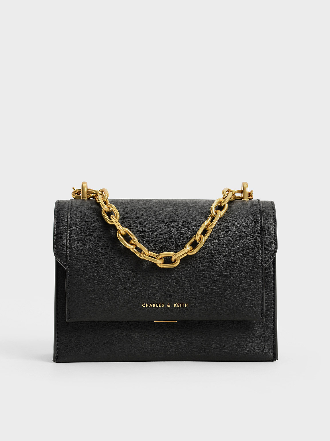 Charles & Keith Front Flap Chain Handle Crossbody Bag In Black