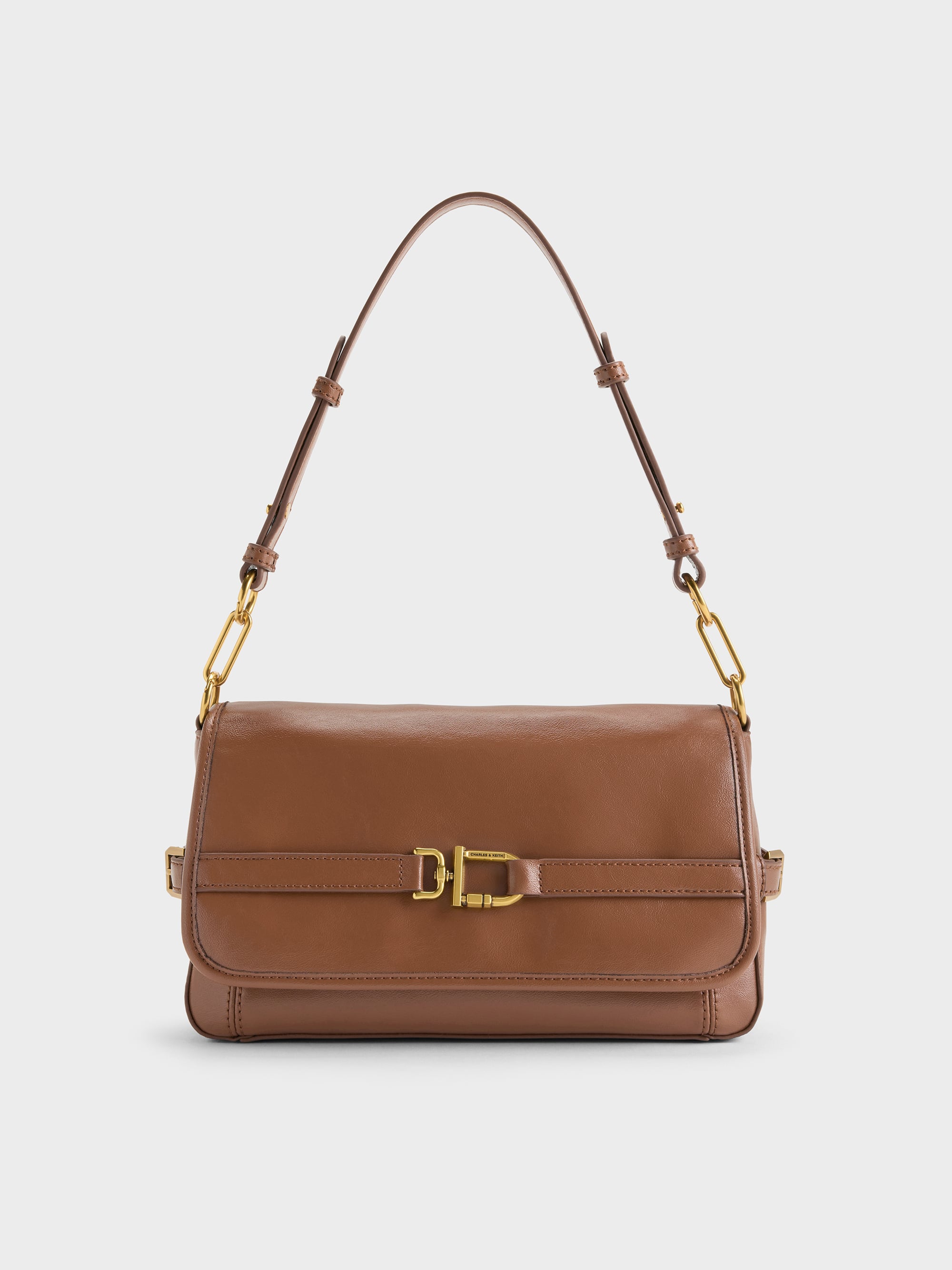 Gwynne Metallic-Buckle Belted Shoulder Bag - Chocolate - CHARLES
