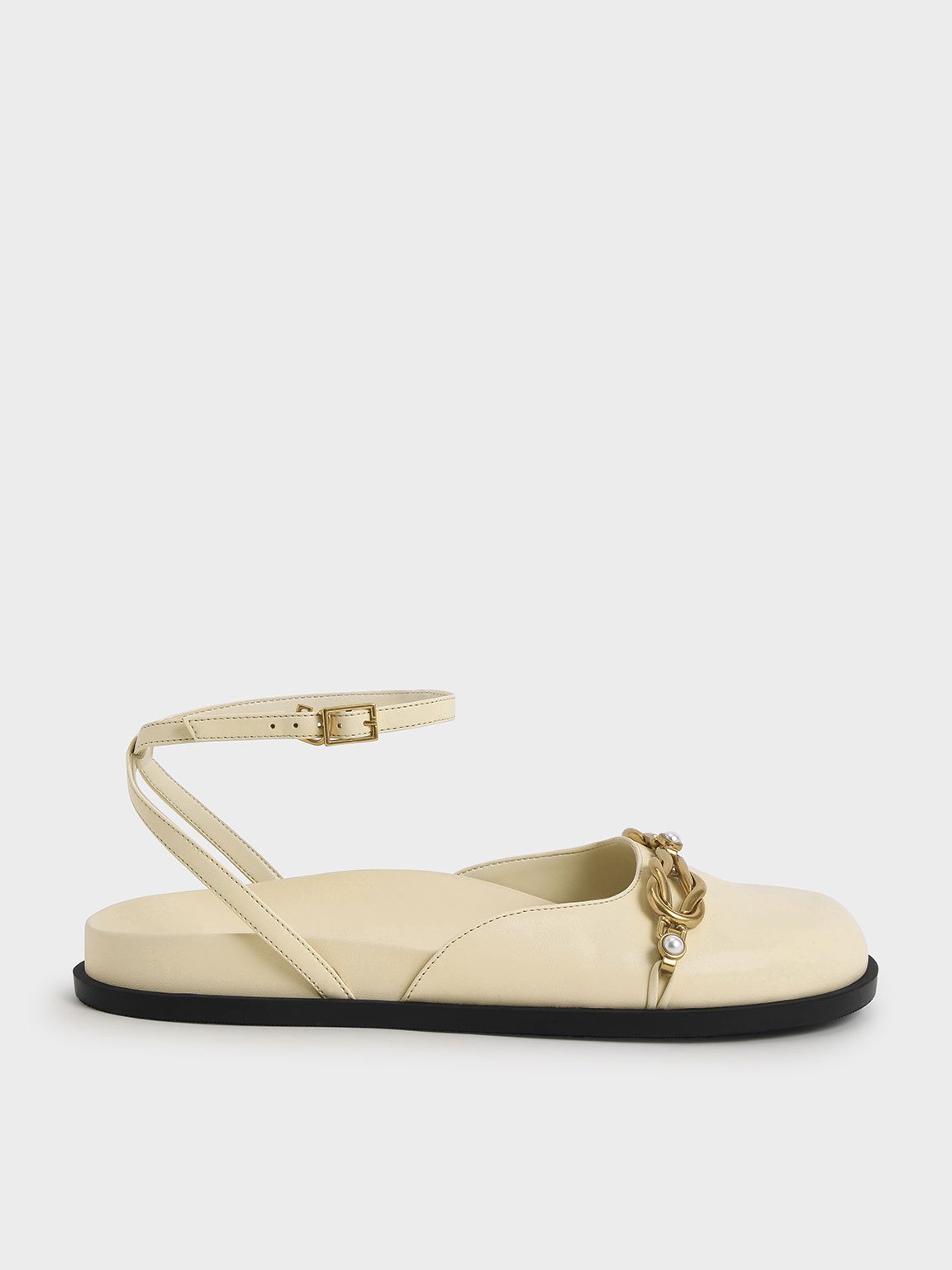 Chalk Beaded Chain-Link Ankle Strap Flats - CHARLES & KEITH SG
