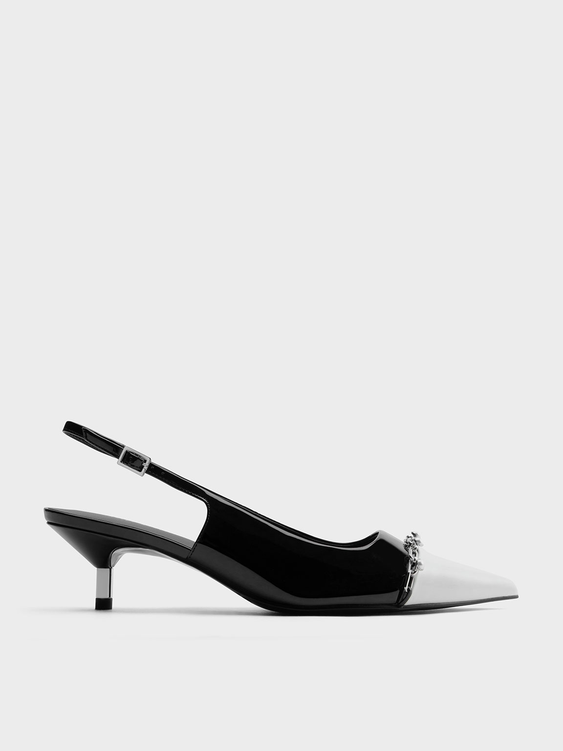 Black Patent Patent Pearl Chain-Link Slingback Pumps - CHARLES & KEITH SG