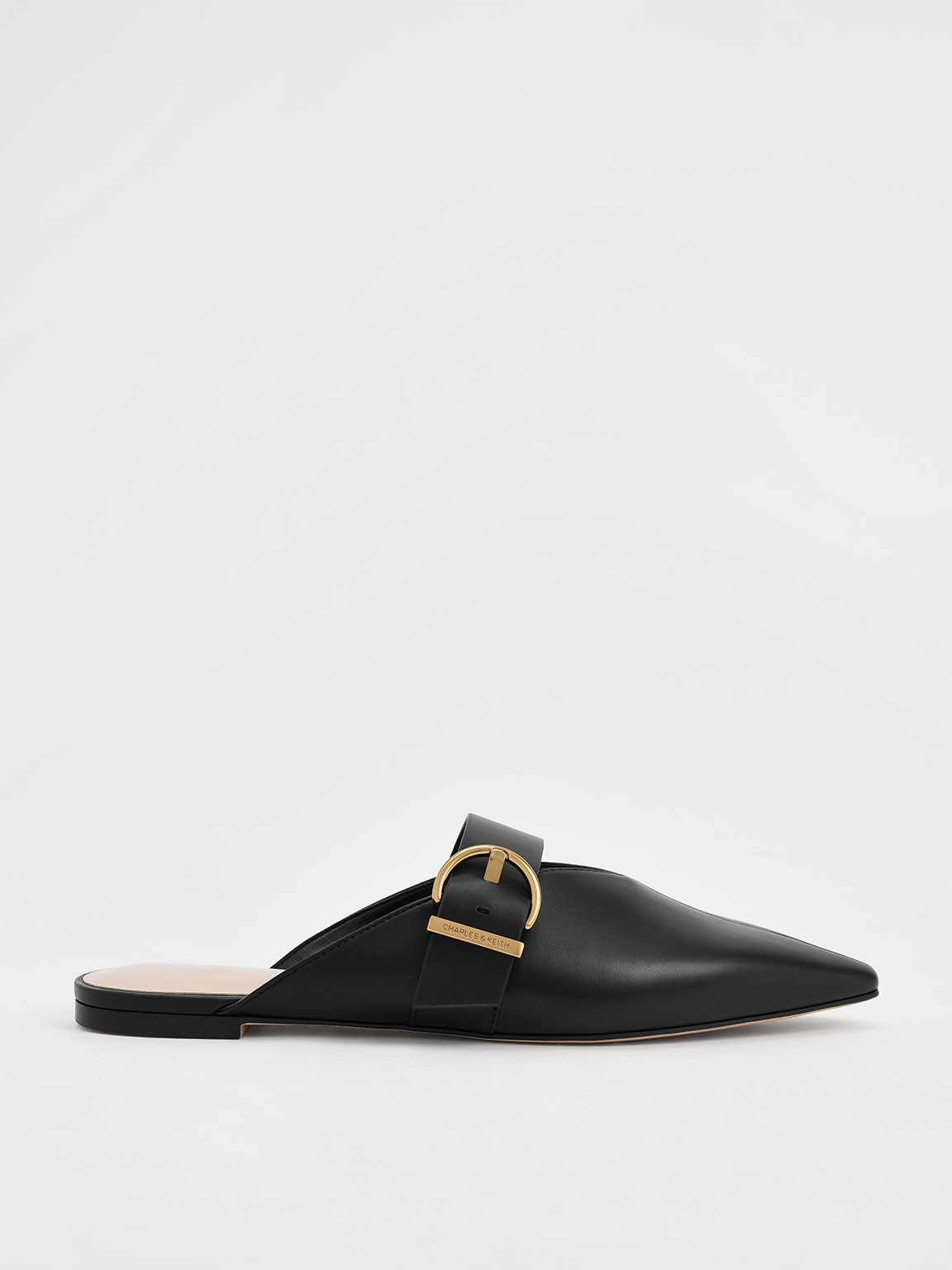 Black V-Cut Buckled Flat Mules - CHARLES & KEITH International